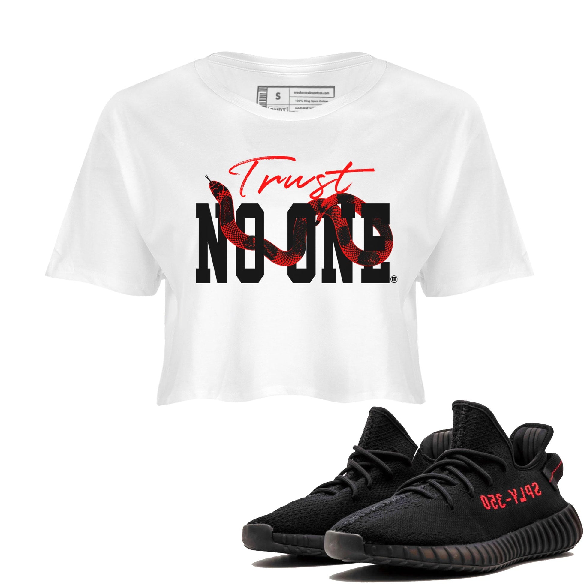 Adidas Yeezy Boost 350 V2 Bred shirt to match jordans Trust No One sneaker tees Yeezy 350 Bred SNRT Sneaker Release Tees White 1 Crop T-Shirt