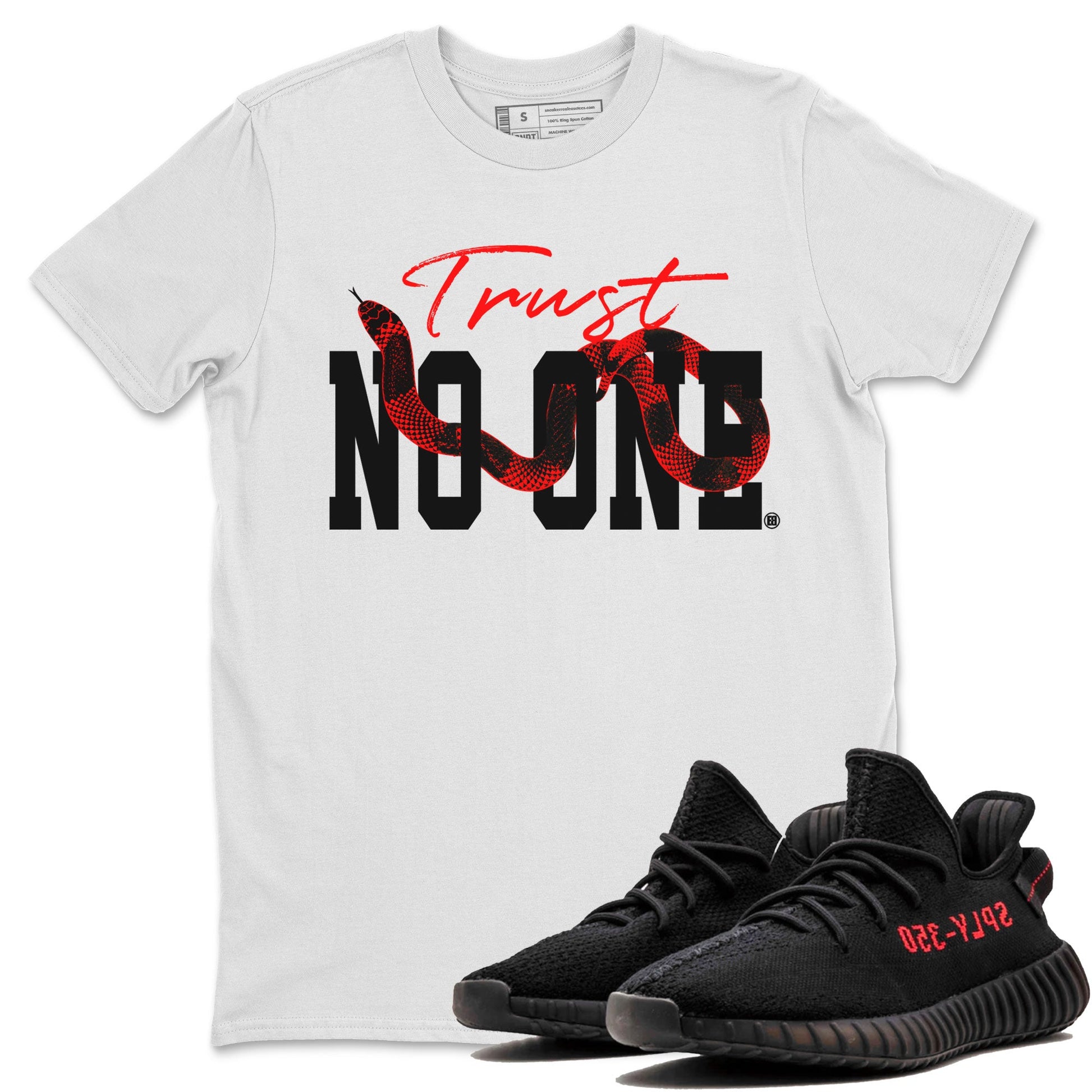Adidas Yeezy Boost 350 V2 Bred shirt to match jordans Trust No One sneaker tees Yeezy 350 Bred SNRT Sneaker Release Tees Unisex White 1 T-Shirt