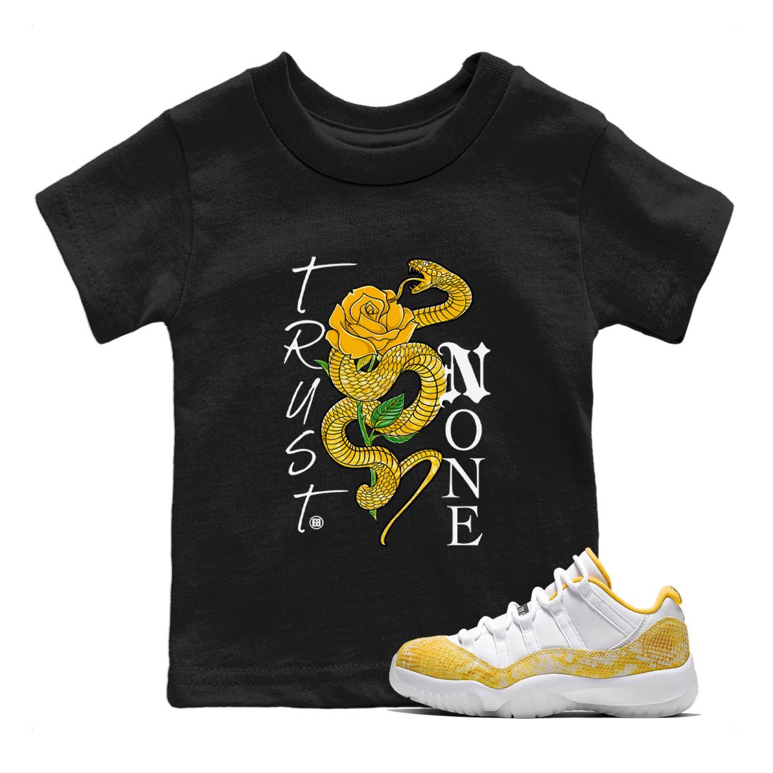 Air Jordan 11 Yellow Python | Trust None Kids Shirts | SNRT Sneaker ...