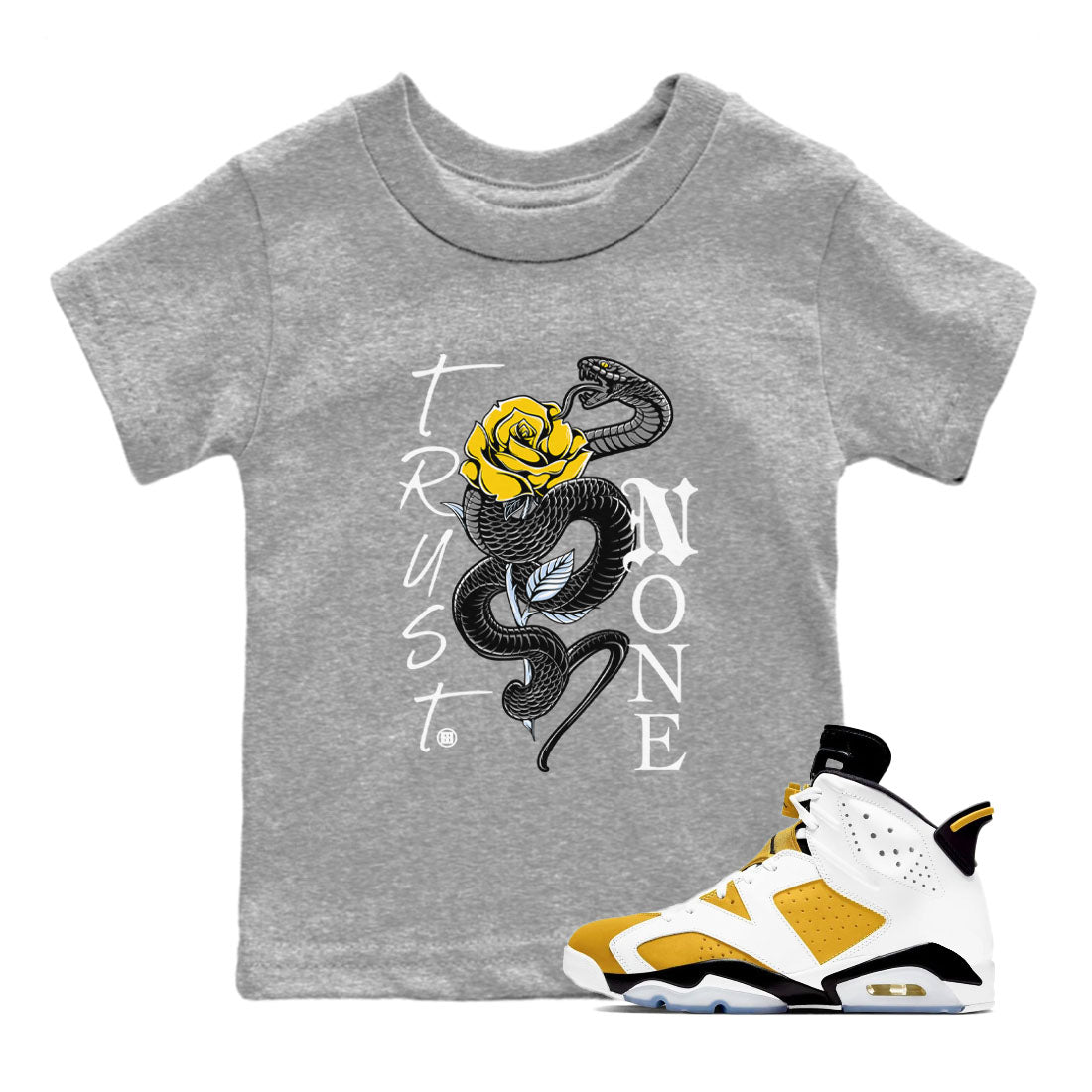 Air Jordan 6 Yellow Ochre shirt to match jordans Trust None sneaker tees streetwear brand Air Jordan 6 Yellow Ochre SNRT sneaker release tees baby toddler Heather Grey 1 cotton Shirt