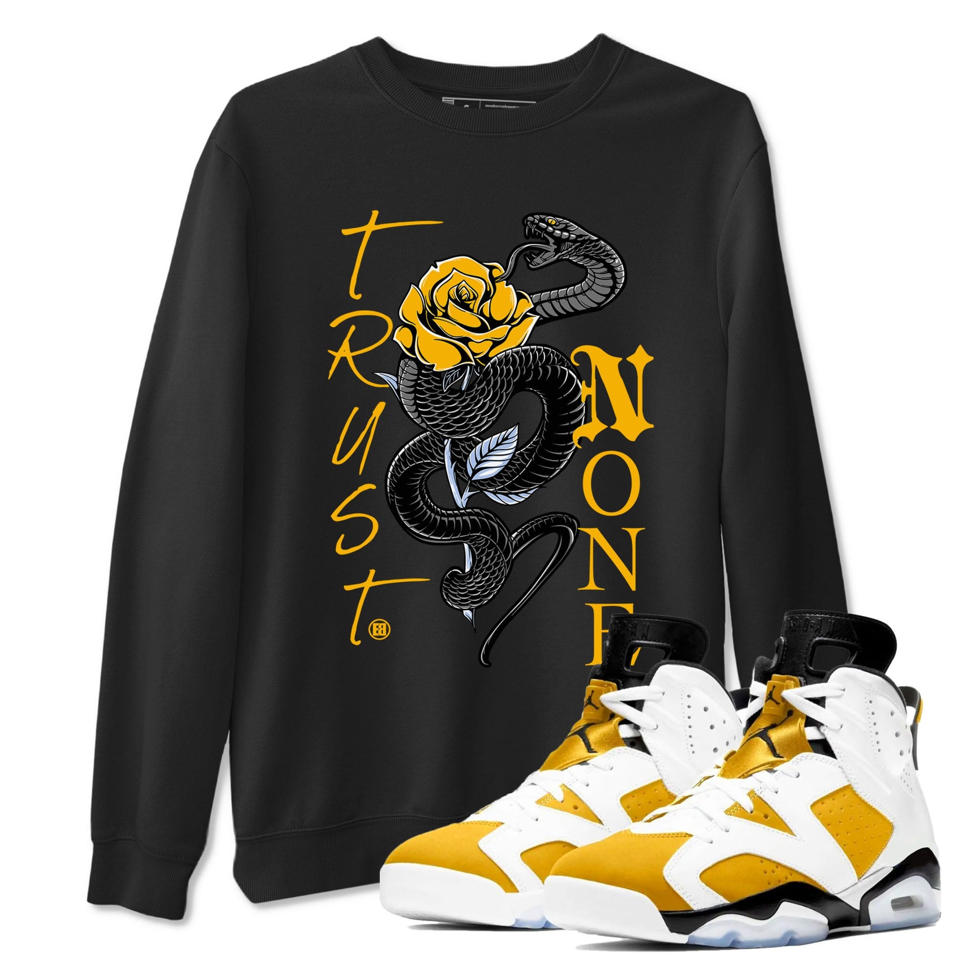Air Jordan 6 Yellow Ochre shirt to match jordans Trust None sneaker tees streetwear brand Air Jordan 6 Yellow Ochre SNRT Sneaker Release Tees unisex cotton Black 1 crew neck shirt