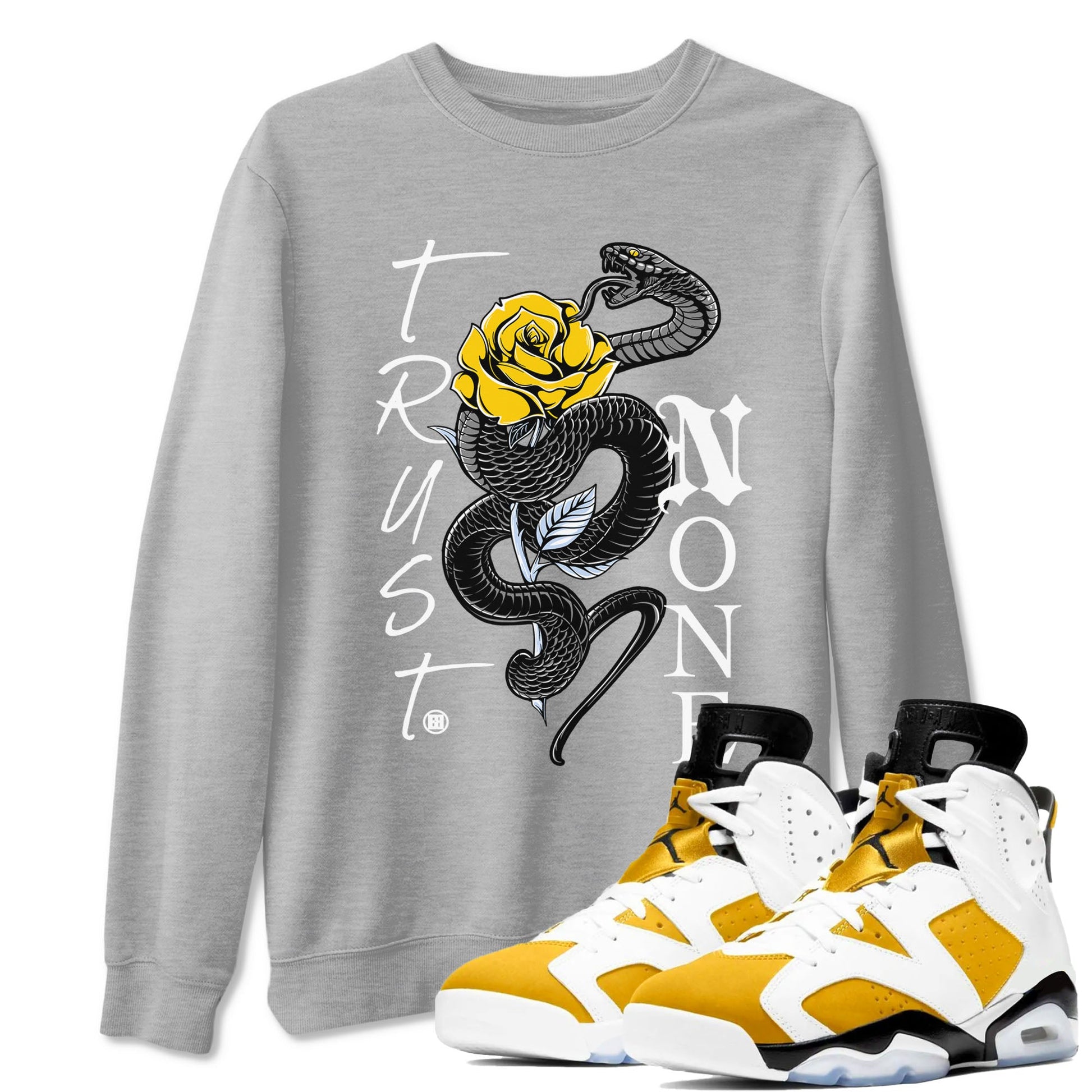 Air Jordan 6 Yellow Ochre shirt to match jordans Trust None sneaker tees streetwear brand Air Jordan 6 Yellow Ochre SNRT Sneaker Release Tees unisex cotton Heather Grey 1 crew neck shirt