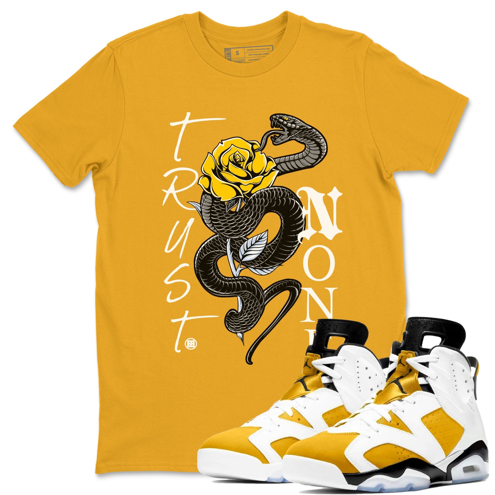 Air Jordan 6 Yellow Ochre shirt to match jordans Trust None sneaker tees streetwear brand Air Jordan 6 Yellow Ochre SNRT Sneaker Release Tees unisex cotton Gold 1 crew neck shirt