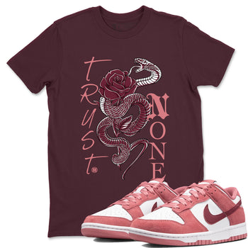 Dunks Valentines Day shirt to match jordans Trust None sneaker tees Dunks Valentine's Day SNRT sneaker Release Tees unisex cotton Maroon 1 crew neck shirt