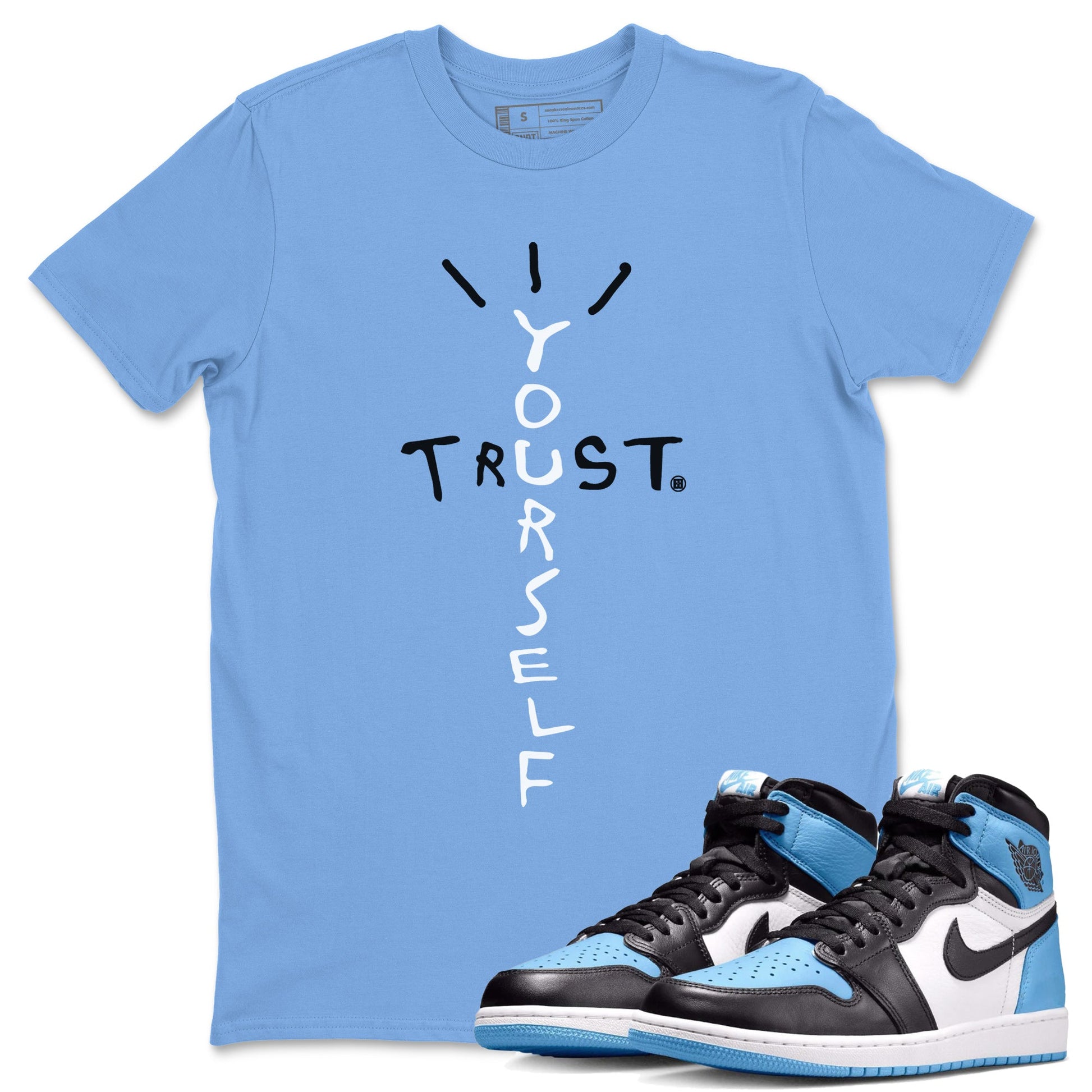 Air Jordan 1 UNC Toe Trust Yourself Crew Neck Sneaker Tees Air Jordan 1 UNC Toe Sneaker T-Shirts Washing and Care Tip