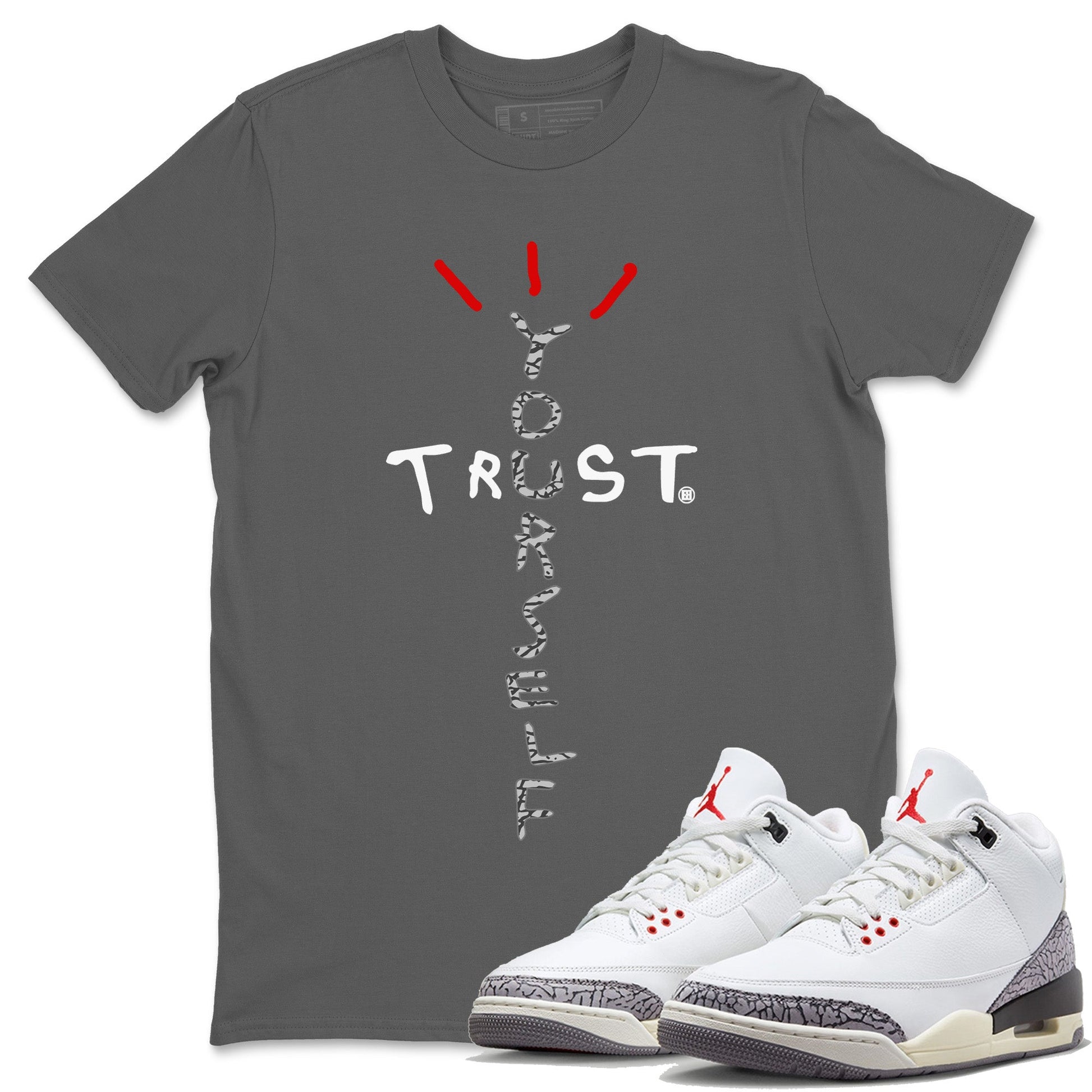 Air Jordan 3 White Cement Trust Yourself Crew Neck Sneaker Tees Jordan 3 Retro White Cement Sneaker T-Shirts Washing and Care Tip