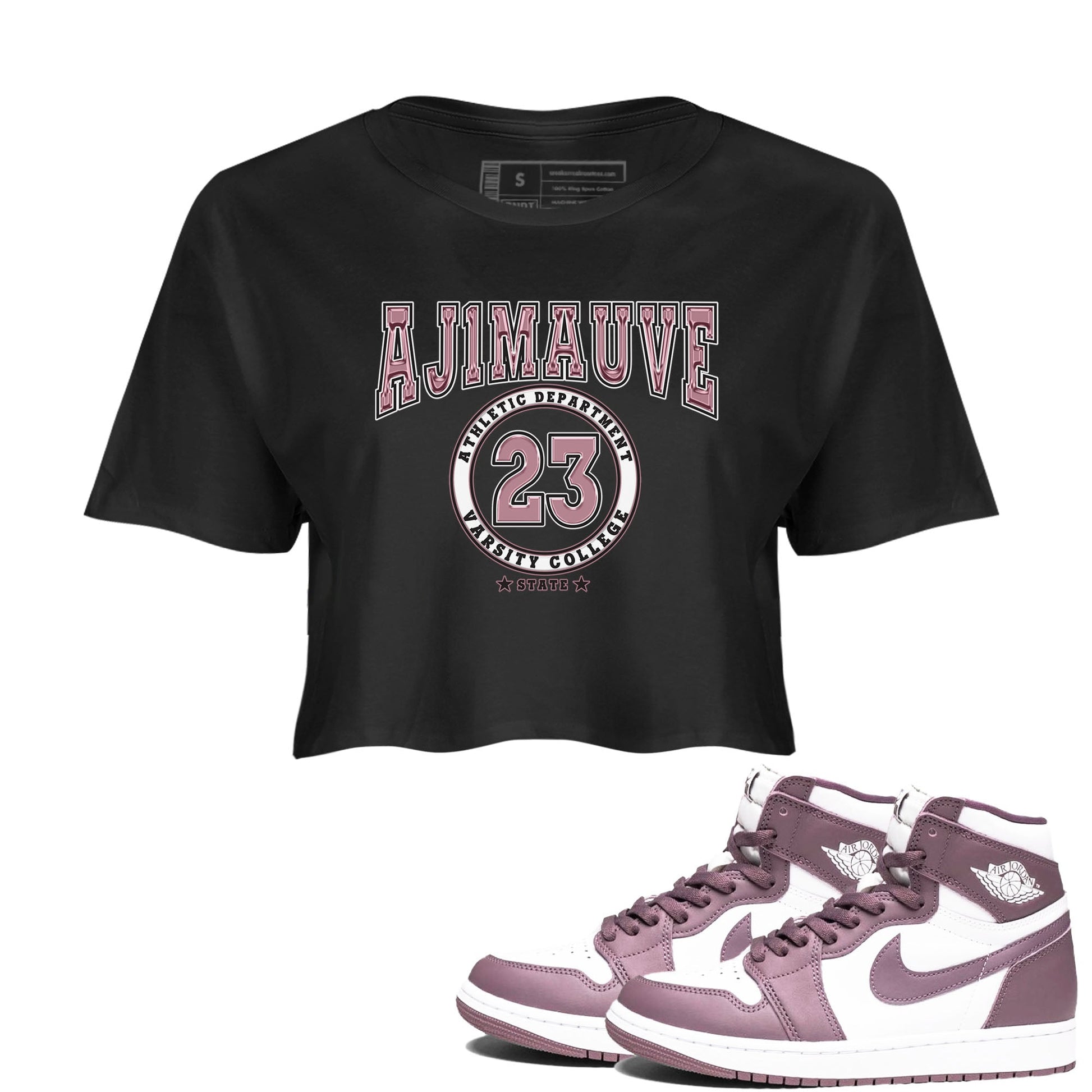 Air Jordan 1 Mauve shirt to match jordans Varsity sneaker tees AJ1 Mauve SNRT Sneaker Tees Sneaker Matching Clothing Brand Black 1 Crop T-Shirt