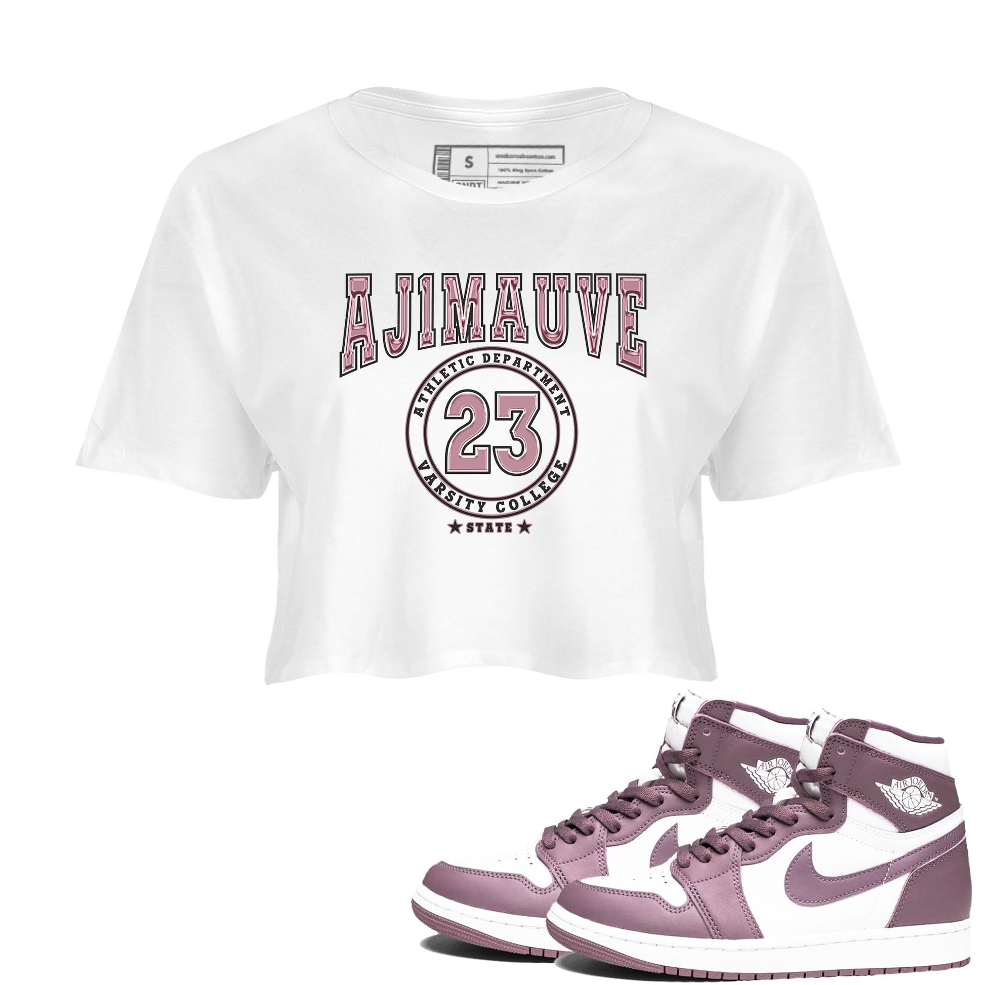Air Jordan 1 Mauve shirt to match jordans Varsity sneaker tees AJ1 Mauve SNRT Sneaker Tees Sneaker Matching Clothing Brand White 1 Crop T-Shirt