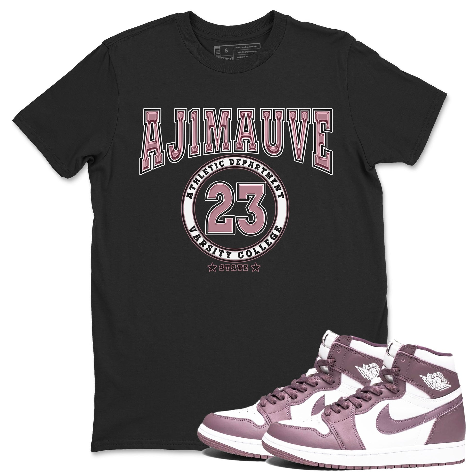 Air Jordan 1 Mauve shirt to match jordans Varsity sneaker tees AJ1 Mauve SNRT Sneaker Tees Sneaker Matching Clothing Brand Unisex Sneaker Tee Black 1 T-Shirt