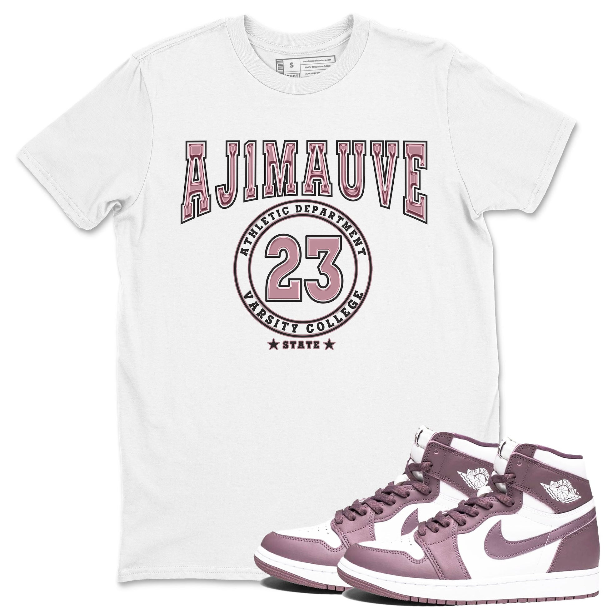 Air Jordan 1 Mauve shirt to match jordans Varsity sneaker tees AJ1 Mauve SNRT Sneaker Tees Sneaker Matching Clothing Brand Unisex Sneaker Tee White 1 T-Shirt