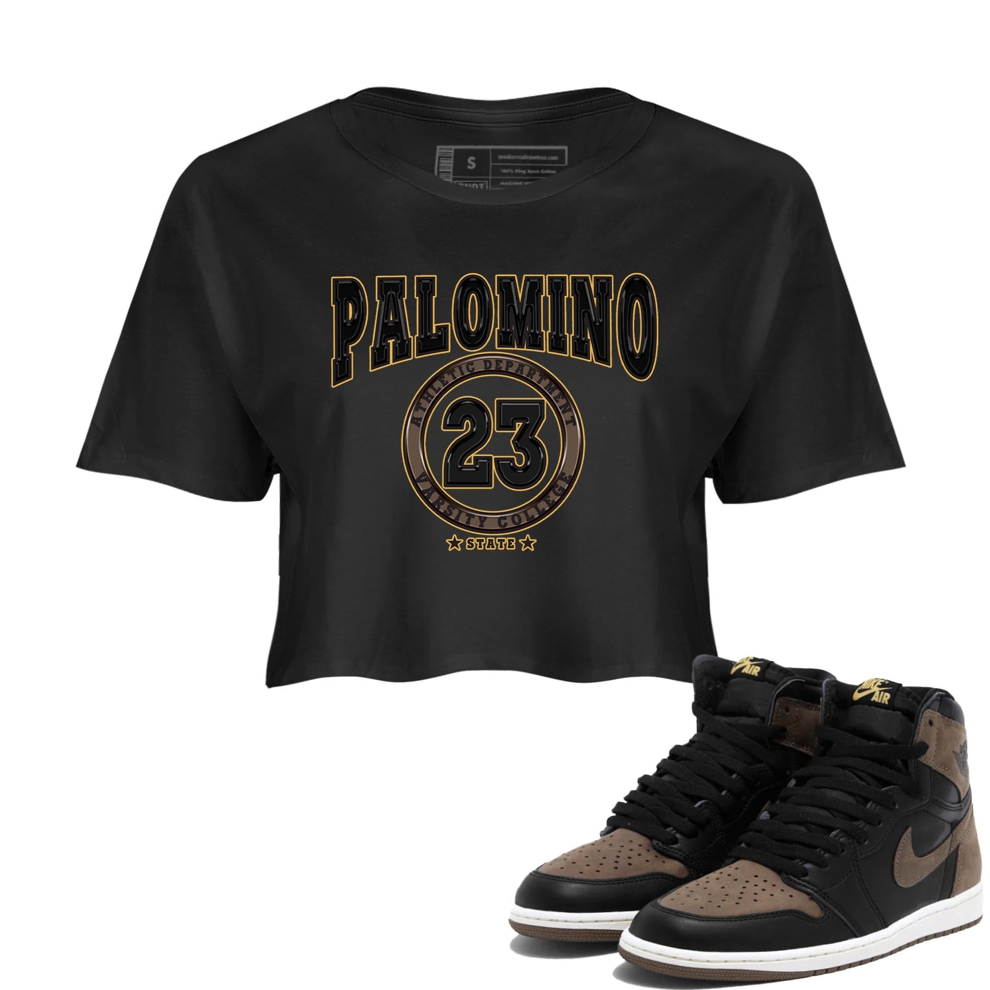Air Jordan 1 Palomino shirt to match jordans Varsity sneaker tees Crew Neck Jordan 1 Retro High OG Palomino SNRT Sneaker Release Tees Black 1 Crop T-Shirt