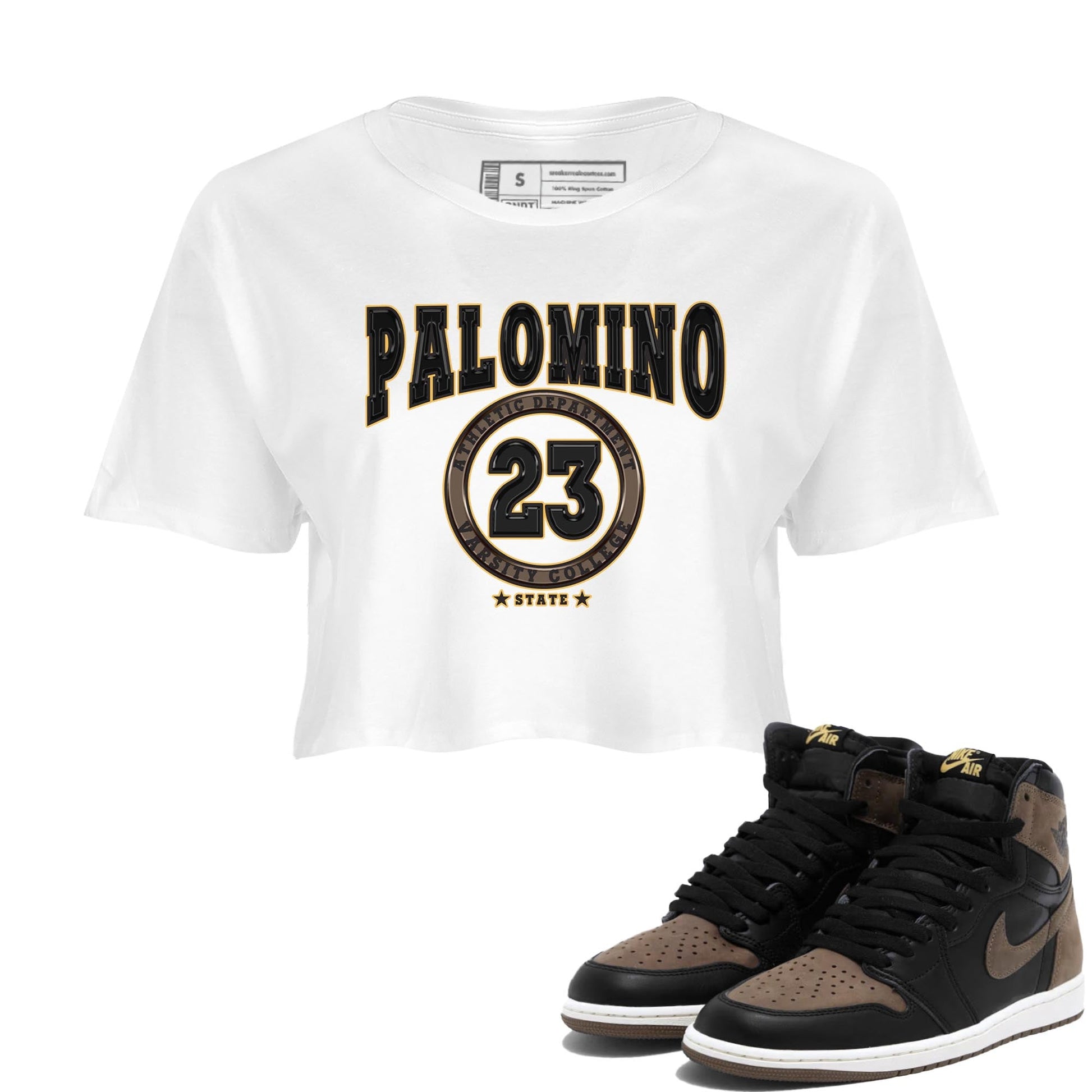 Air Jordan 1 Palomino shirt to match jordans Varsity sneaker tees Crew Neck Jordan 1 Retro High OG Palomino SNRT Sneaker Release Tees White 1 Crop T-Shirt