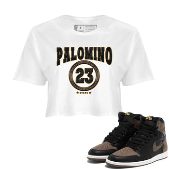 Air Jordan 1 Palomino shirt to match jordans Varsity sneaker tees Crew Neck Jordan 1 Retro High OG Palomino SNRT Sneaker Release Tees White 1 Crop T-Shirt
