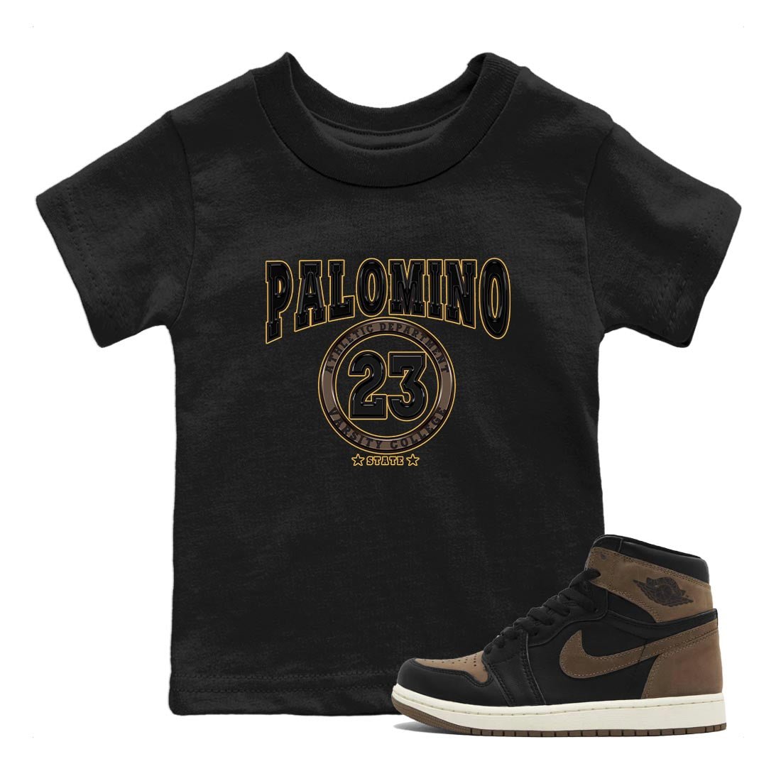 Air Jordan 1 Palomino shirt to match jordans Varsity sneaker tees Crew Neck Jordan 1 Retro High OG Palomino SNRT Sneaker Release Tees Baby Toddler Black 1 T-Shirt
