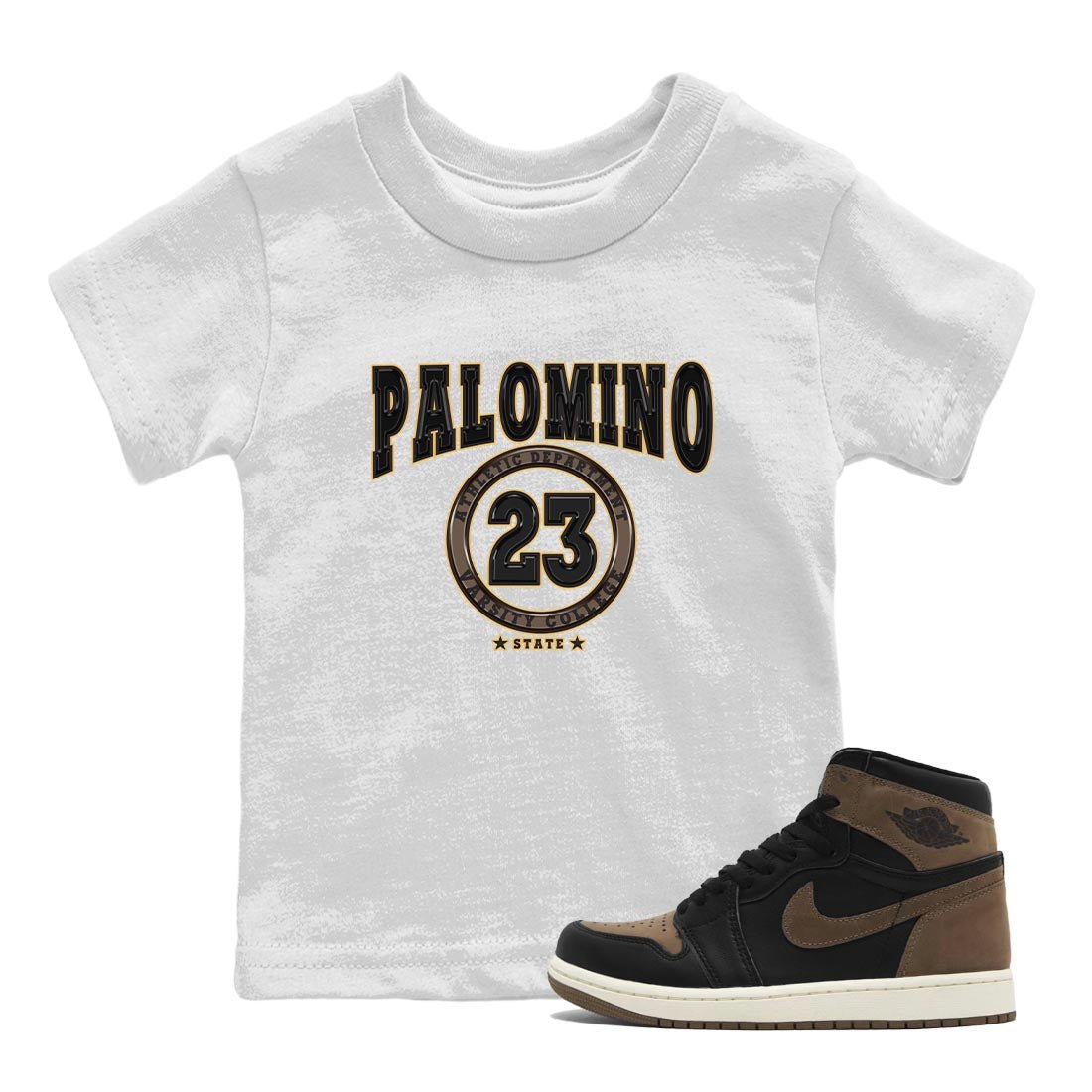 Air Jordan 1 Palomino shirt to match jordans Varsity sneaker tees Crew Neck Jordan 1 Retro High OG Palomino SNRT Sneaker Release Tees Baby Toddler White 1 T-Shirt