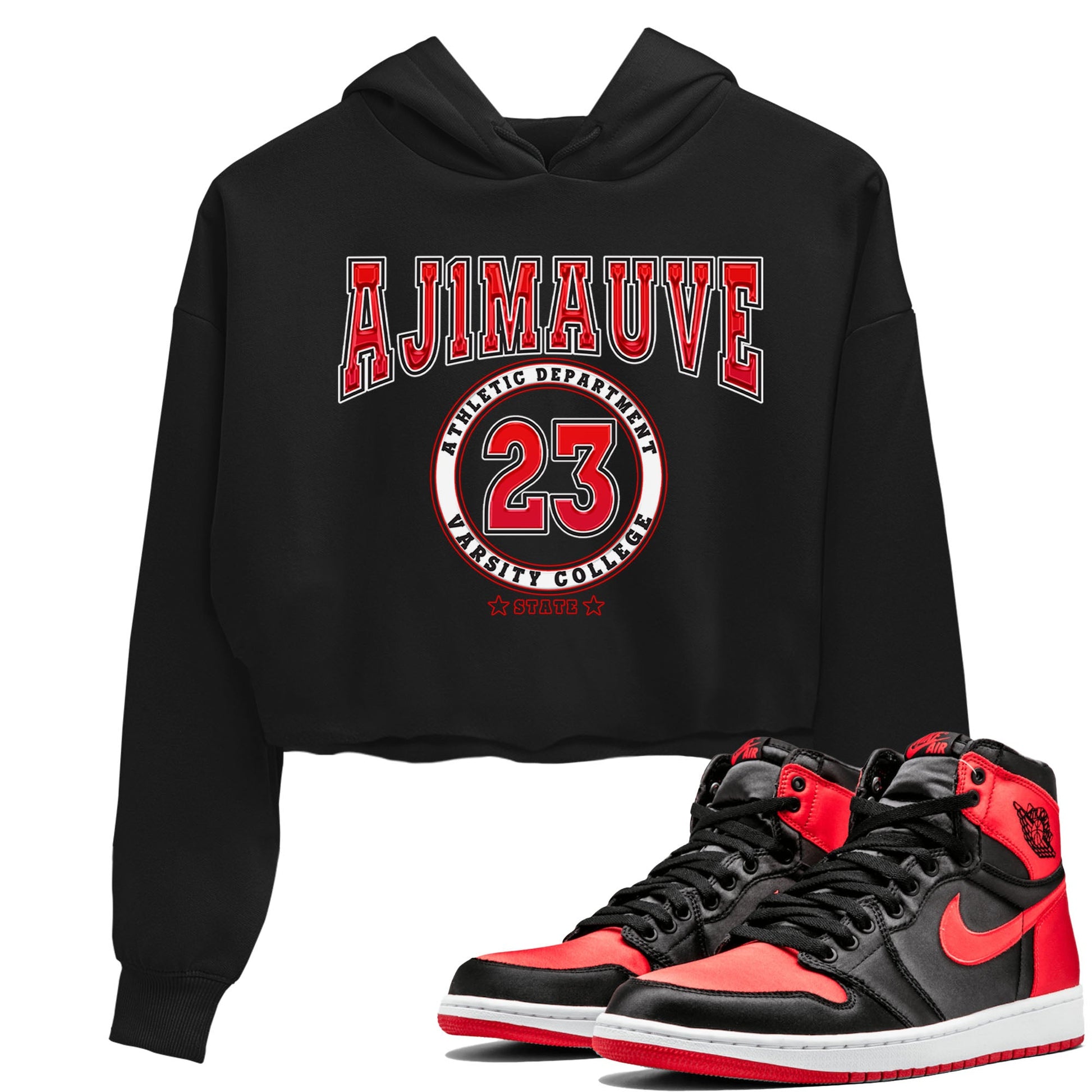 Air Jordan 1 Satin Bred shirt to match jordans Varsity sneaker tees AJ1 Retro Satin Bred SNRT Sneaker Tees Sneaker Matching Clothing Brand Black 1 Crop T-Shirt