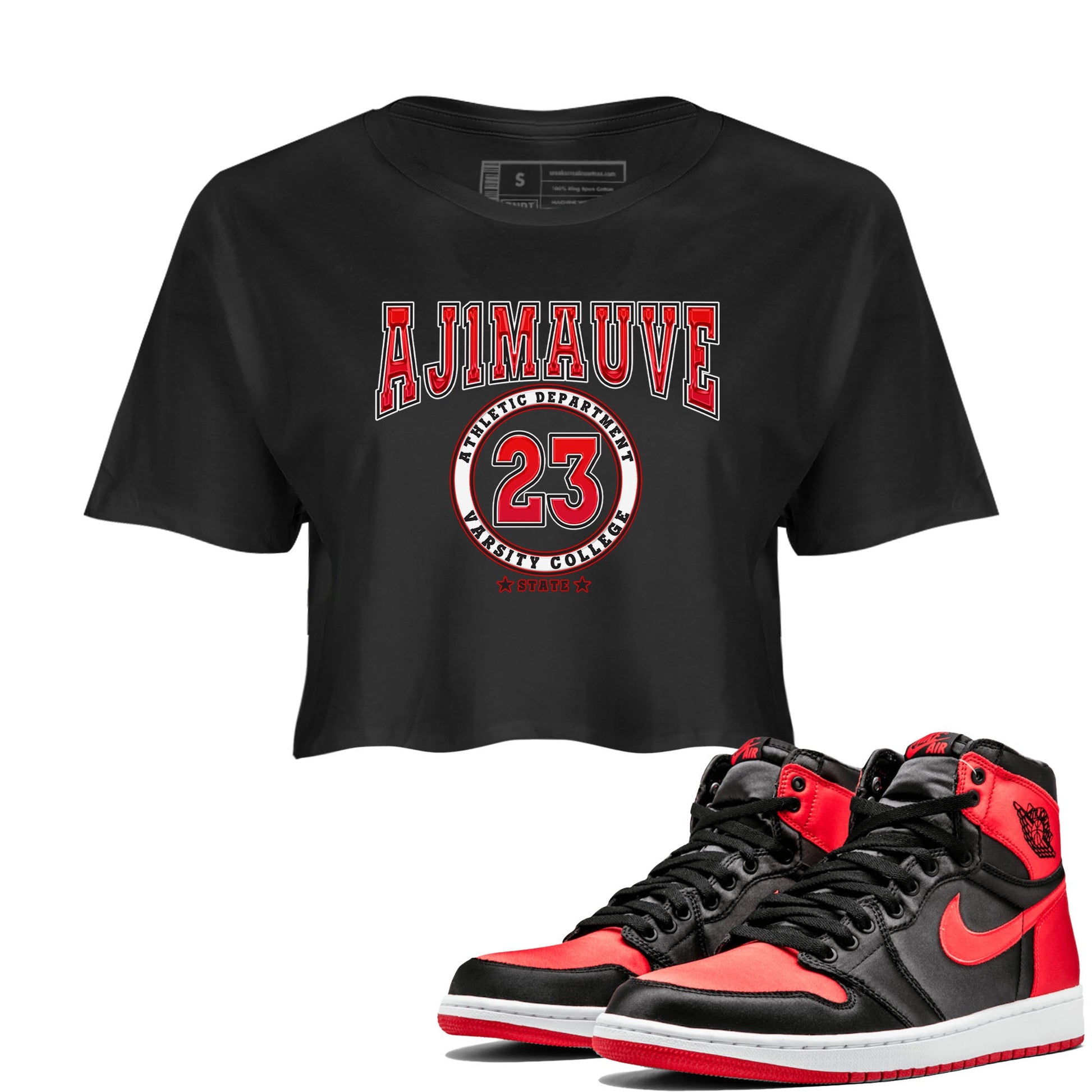 Air Jordan 1 Satin Bred shirt to match jordans Varsity sneaker tees AJ1 Retro Satin Bred SNRT Sneaker Tees Sneaker Matching Clothing Brand Black 1 Crop T-Shirt