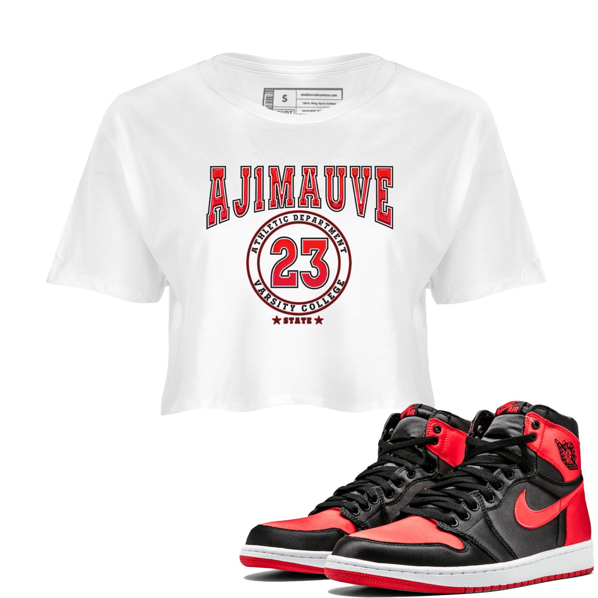 Air Jordan 1 Satin Bred shirt to match jordans Varsity sneaker tees AJ1 Retro Satin Bred SNRT Sneaker Tees Sneaker Matching Clothing Brand White 1 Crop T-Shirt