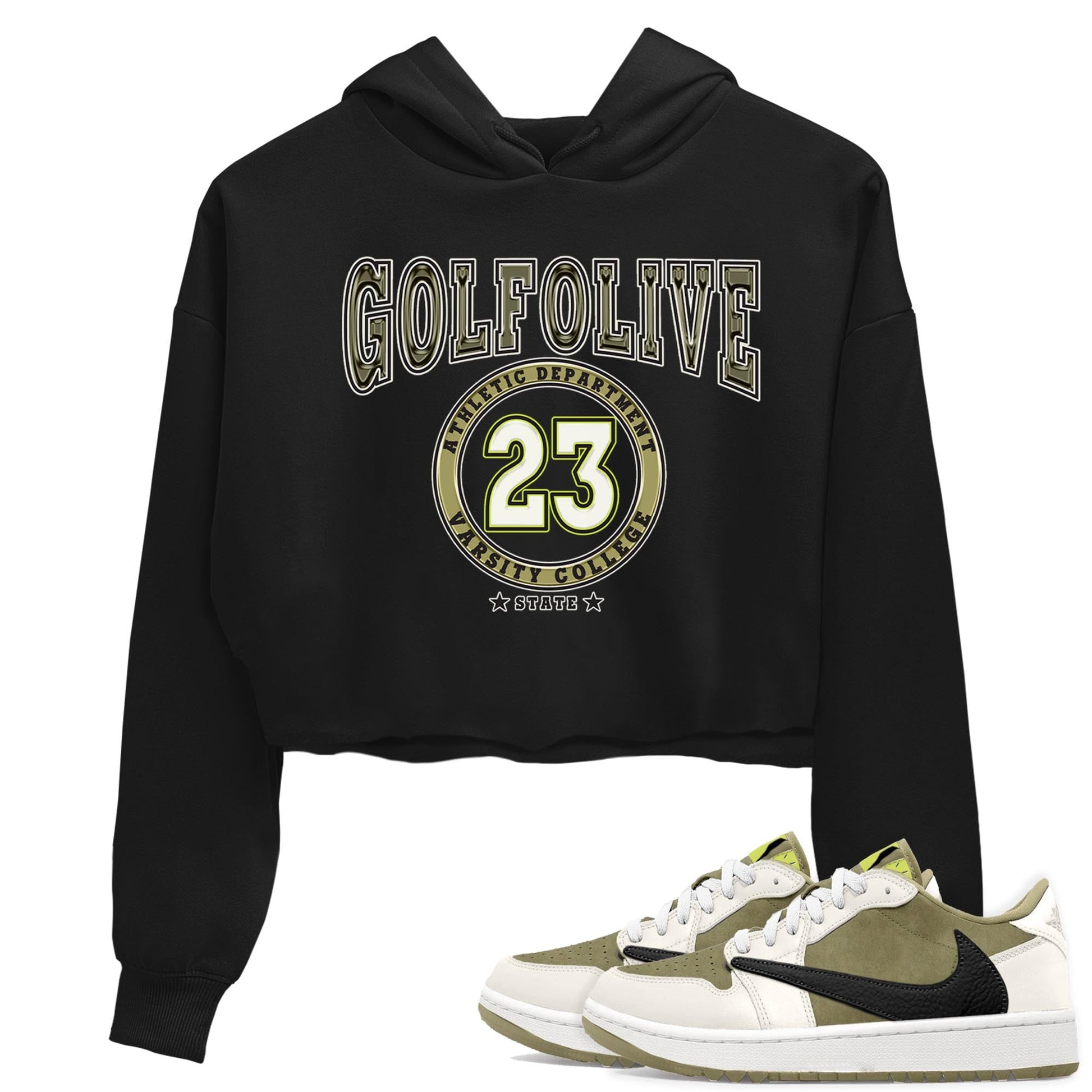 Jordan 1 Low X Travis Scott Golf Olive shirt to match jordans Varsity sneaker release tees Air Jordan 1 Travis Scott Golf Olive SNRT Sneaker Tees Black 1 Crop T-Shirt
