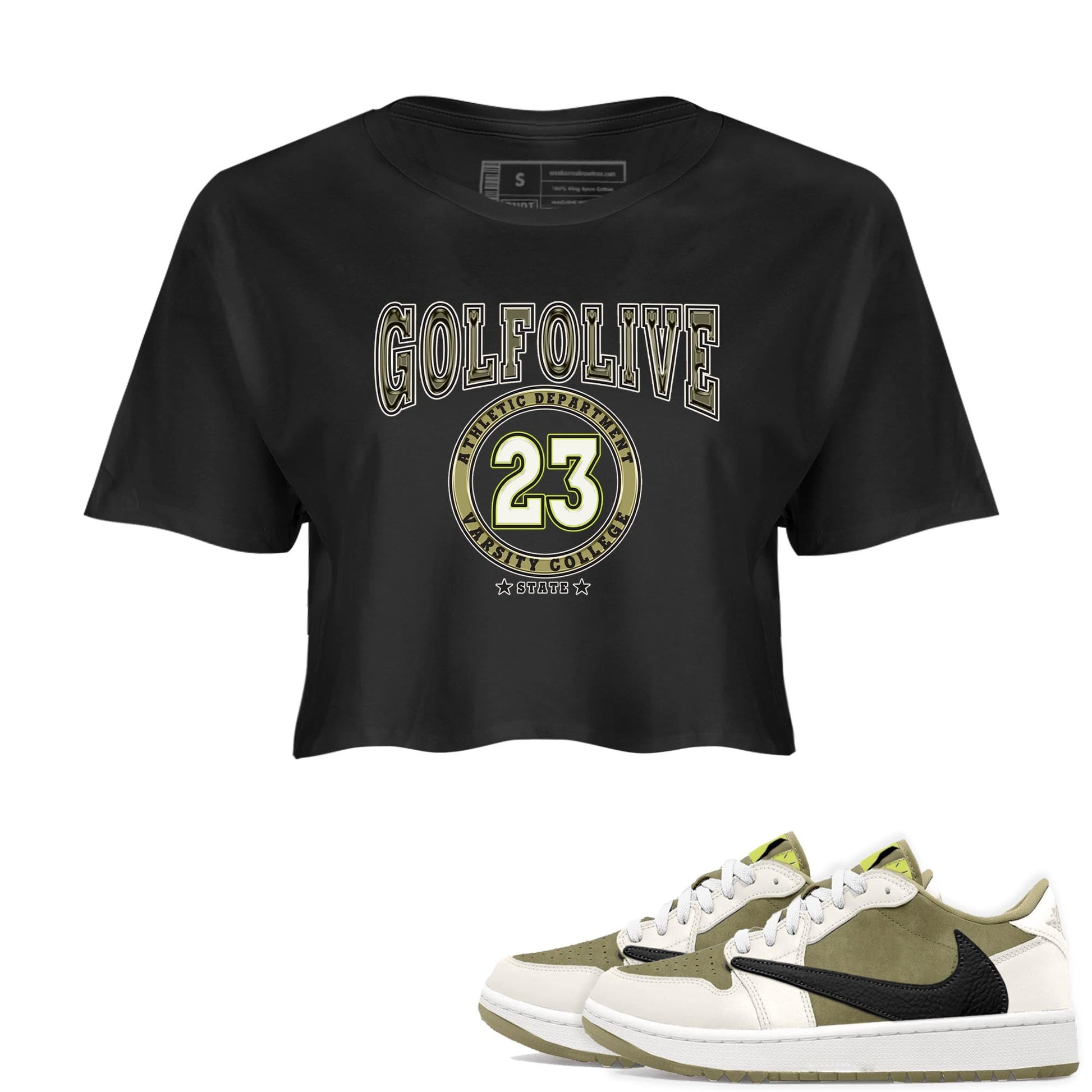 Jordan 1 Low X Travis Scott Golf Olive shirt to match jordans Varsity sneaker release tees Air Jordan 1 Travis Scott Golf Olive SNRT Sneaker Tees Black 1 Crop T-Shirt