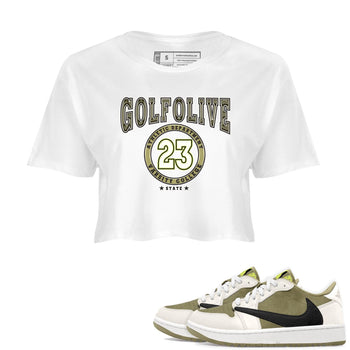 Jordan 1 Low X Travis Scott Golf Olive shirt to match jordans Varsity sneaker release tees Air Jordan 1 Travis Scott Golf Olive SNRT Sneaker Tees White 1 Crop T-Shirt