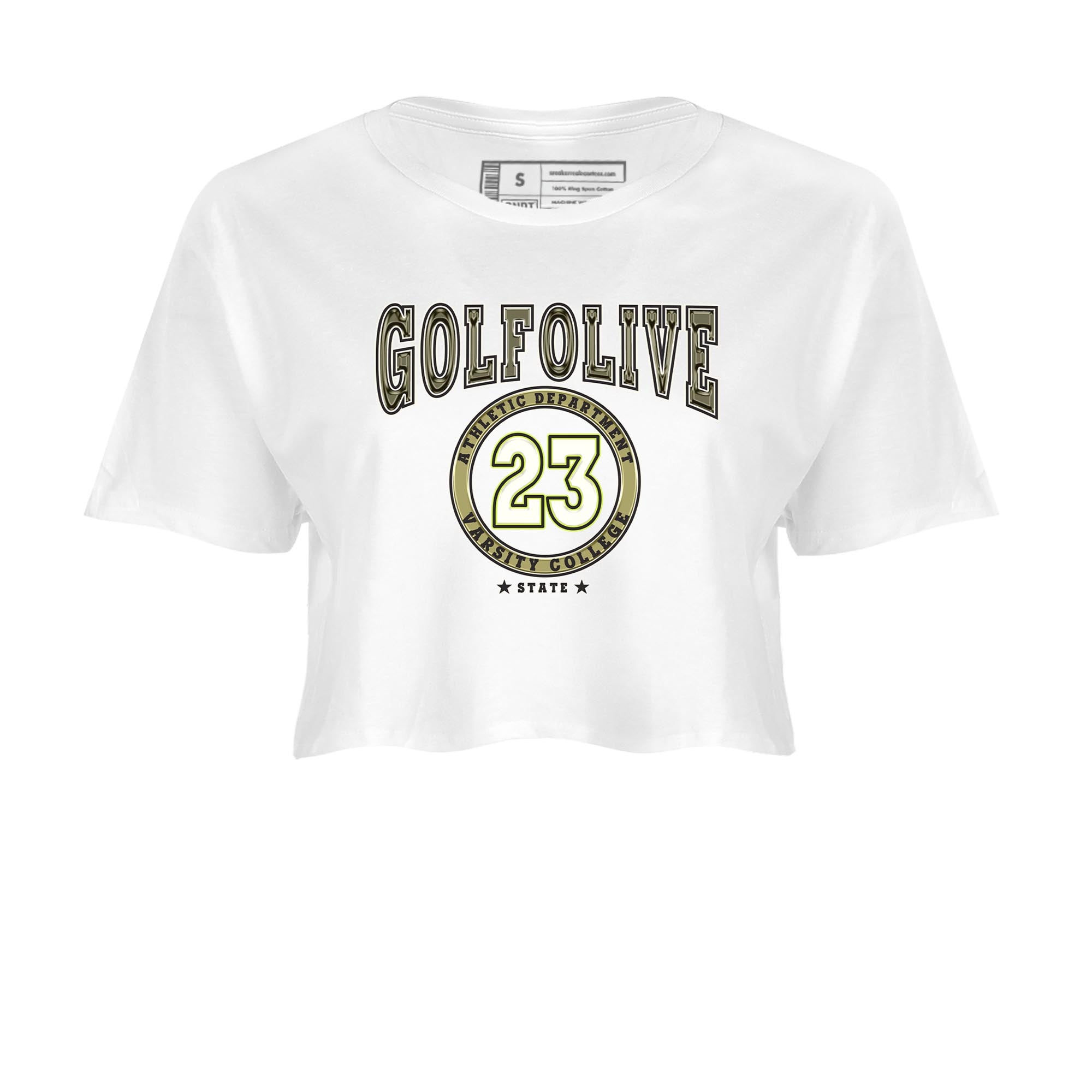 Jordan 1 Low X Travis Scott Golf Olive shirt to match jordans Varsity sneaker release tees Air Jordan 1 Travis Scott Golf Olive SNRT Sneaker Tees White 2 Crop T-Shirt
