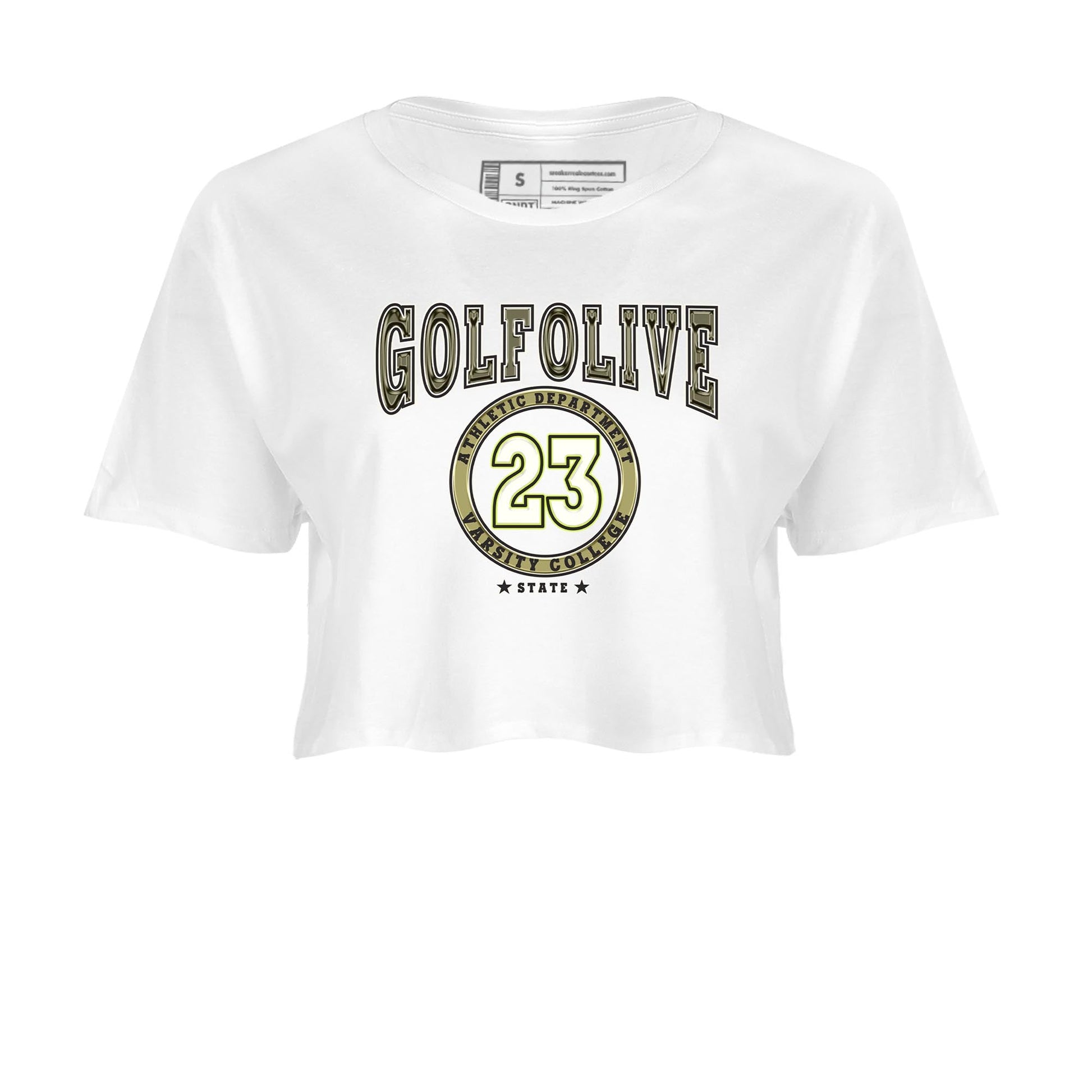 Jordan 1 Low X Travis Scott Golf Olive shirt to match jordans Varsity sneaker release tees Air Jordan 1 Travis Scott Golf Olive SNRT Sneaker Tees White 2 Crop T-Shirt
