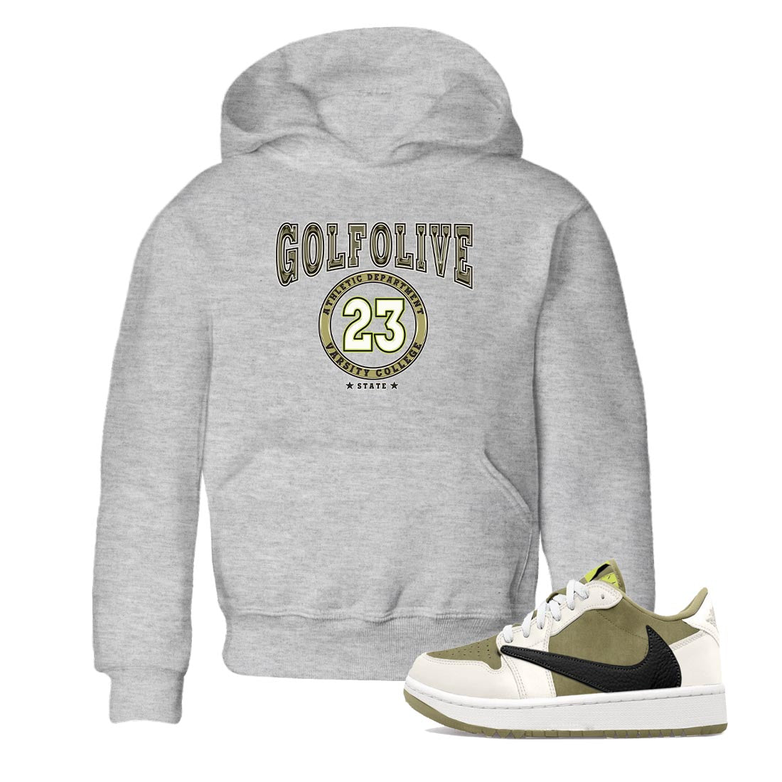 Jordan 1 Low X Travis Scott Golf Olive shirt to match jordans Varsity sneaker release tees Air Jordan 1 Travis Scott Golf Olive SNRT Sneaker Tees Baby Toddler Heather Grey 1 T-Shirt
