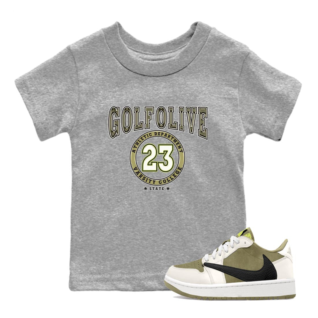 Jordan 1 Low X Travis Scott Golf Olive shirt to match jordans Varsity sneaker release tees Air Jordan 1 Travis Scott Golf Olive SNRT Sneaker Tees Baby Toddler Heather Grey 1 T-Shirt