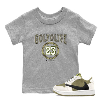 Jordan 1 Low X Travis Scott Golf Olive shirt to match jordans Varsity sneaker release tees Air Jordan 1 Travis Scott Golf Olive SNRT Sneaker Tees Baby Toddler Heather Grey 1 T-Shirt