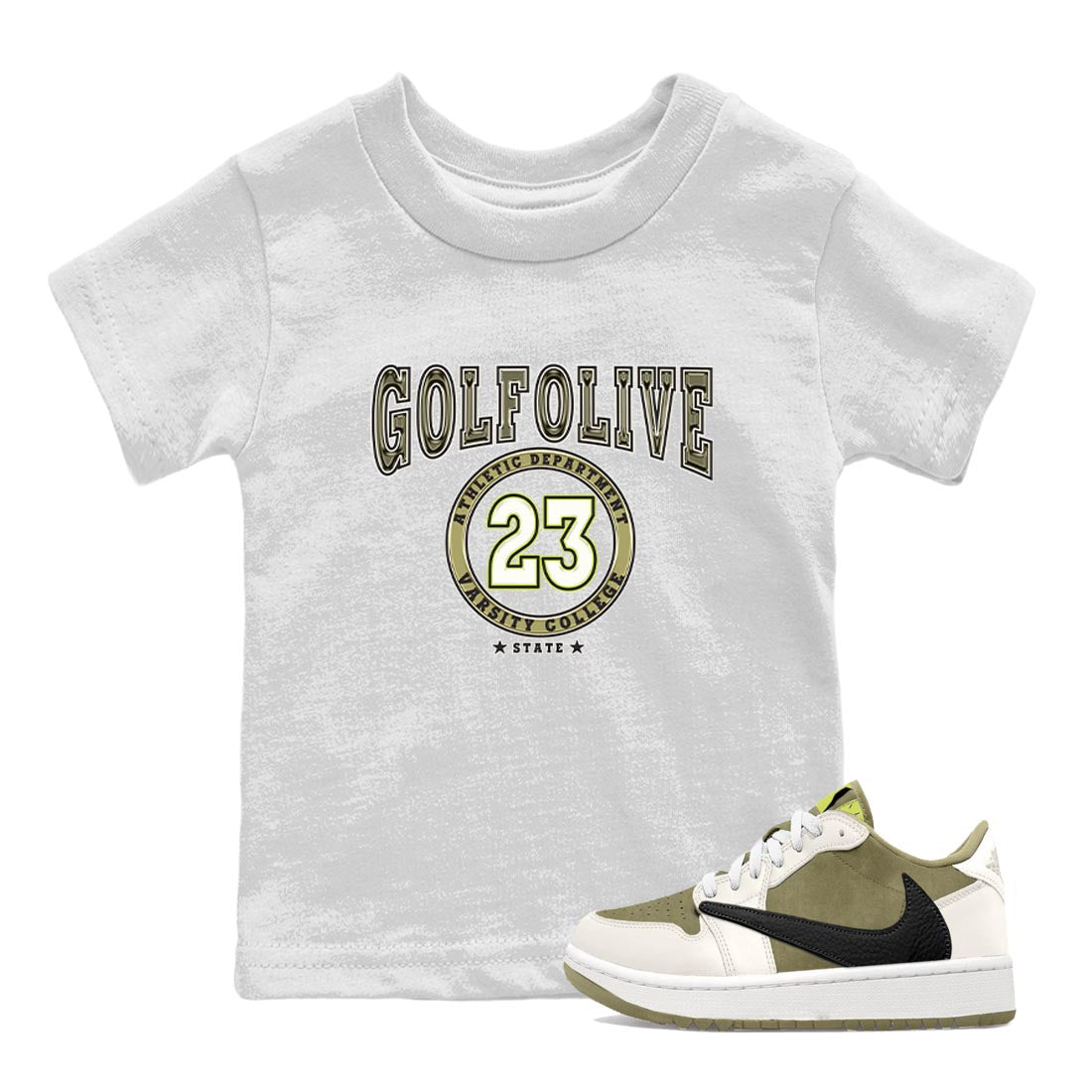Jordan 1 Low X Travis Scott Golf Olive shirt to match jordans Varsity sneaker release tees Air Jordan 1 Travis Scott Golf Olive SNRT Sneaker Tees Baby Toddler White 1 T-Shirt