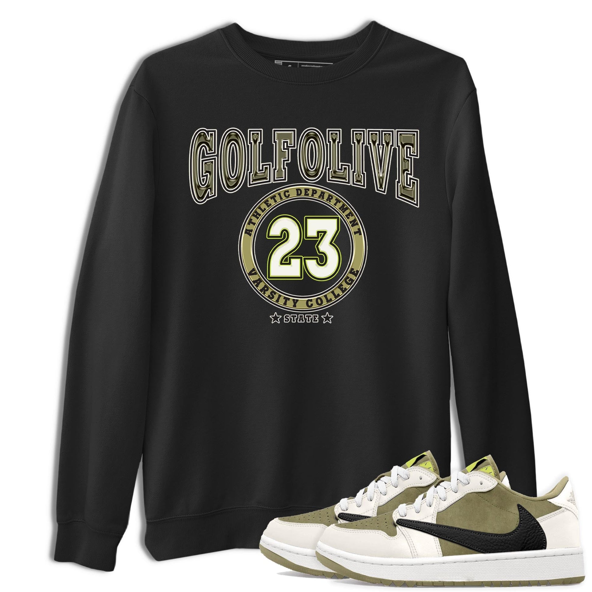 Jordan 1 Low X Travis Scott Golf Olive shirt to match jordans Varsity sneaker release tees Air Jordan 1 Travis Scott Golf Olive SNRT Sneaker Tees Unisex Streetwear Clothing Black 1 T-Shirt