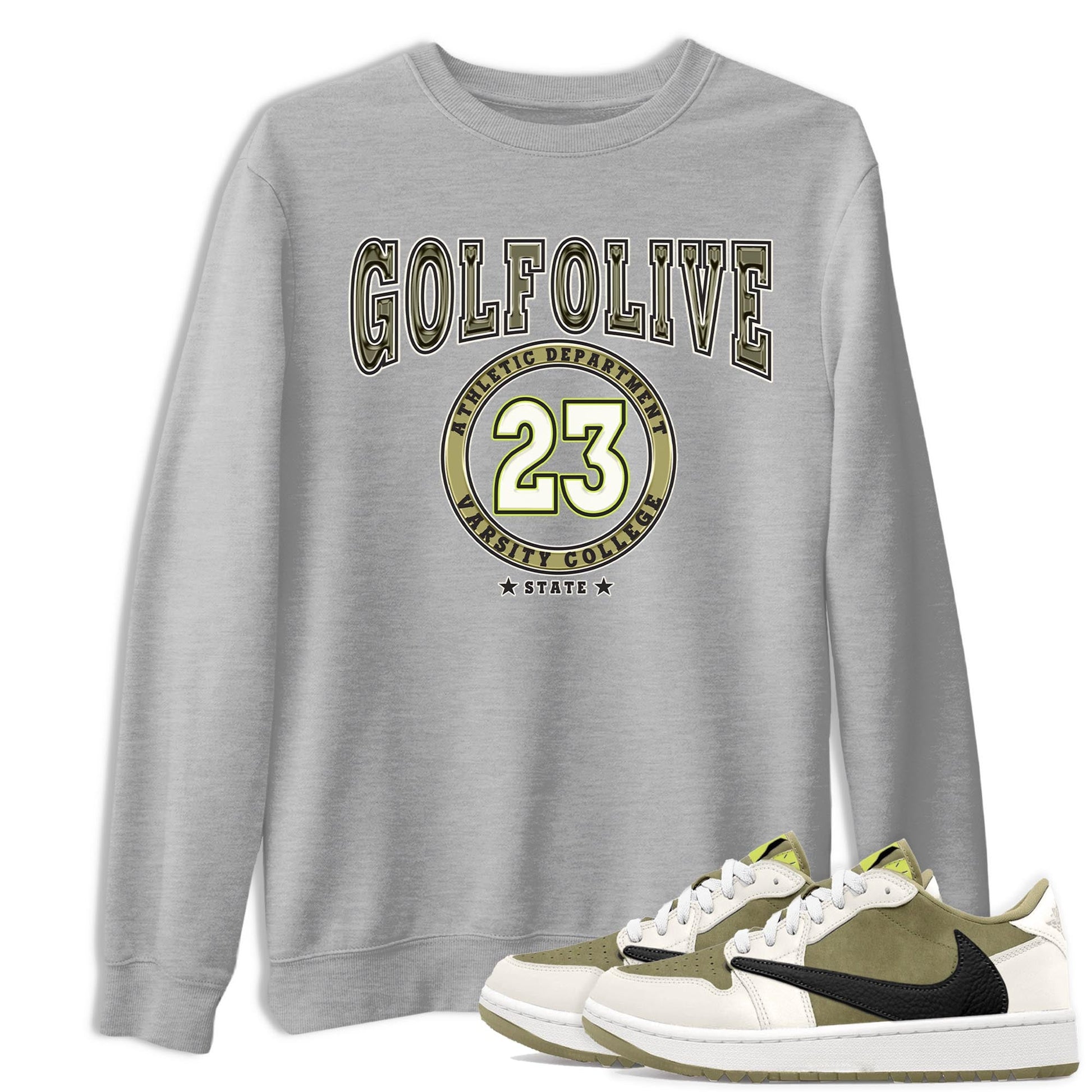 Jordan 1 Low X Travis Scott Golf Olive shirt to match jordans Varsity sneaker release tees Air Jordan 1 Travis Scott Golf Olive SNRT Sneaker Tees Unisex Streetwear Clothing Heather Grey 1 T-Shirt