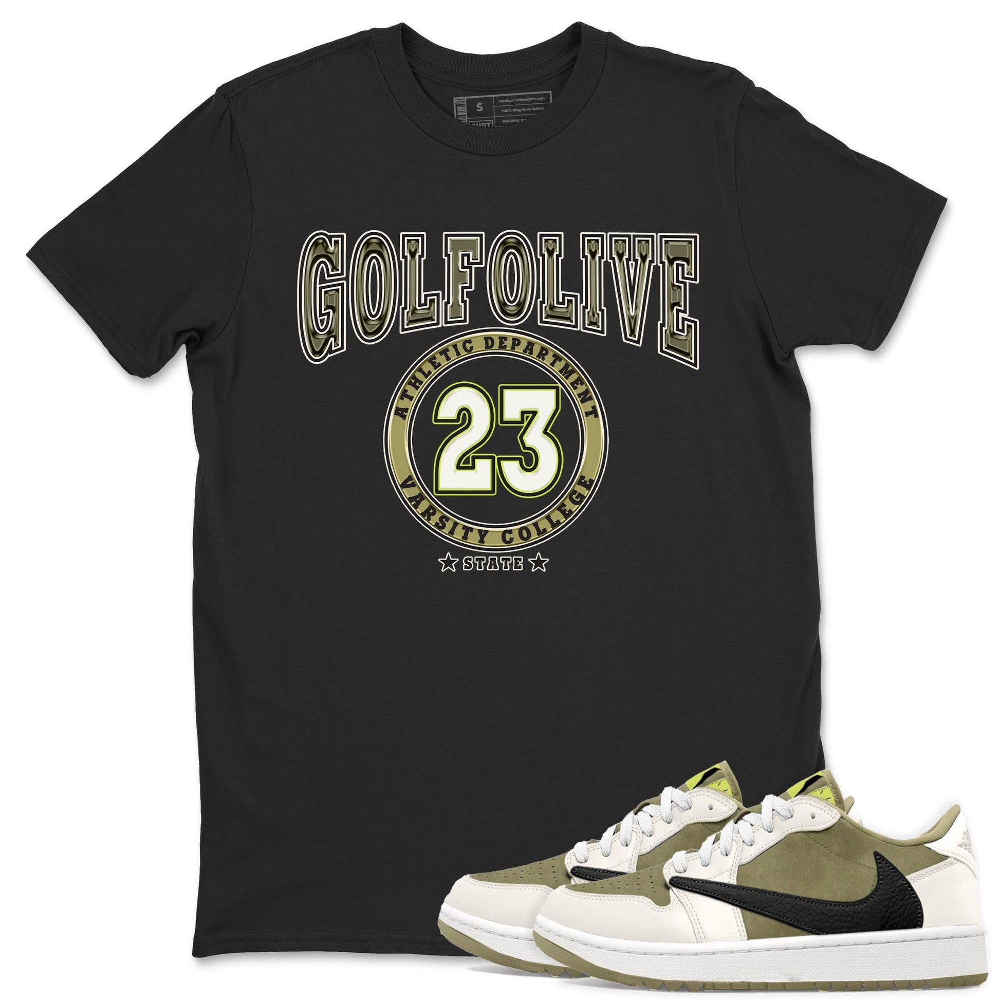 Jordan 1 Low X Travis Scott Golf Olive shirt to match jordans Varsity sneaker release tees Air Jordan 1 Travis Scott Golf Olive SNRT Sneaker Tees Unisex Streetwear Clothing Black 1 T-Shirt