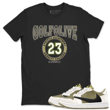 Jordan 1 Low X Travis Scott Golf Olive shirt to match jordans Varsity sneaker release tees Air Jordan 1 Travis Scott Golf Olive SNRT Sneaker Tees Unisex Streetwear Clothing Black 1 T-Shirt
