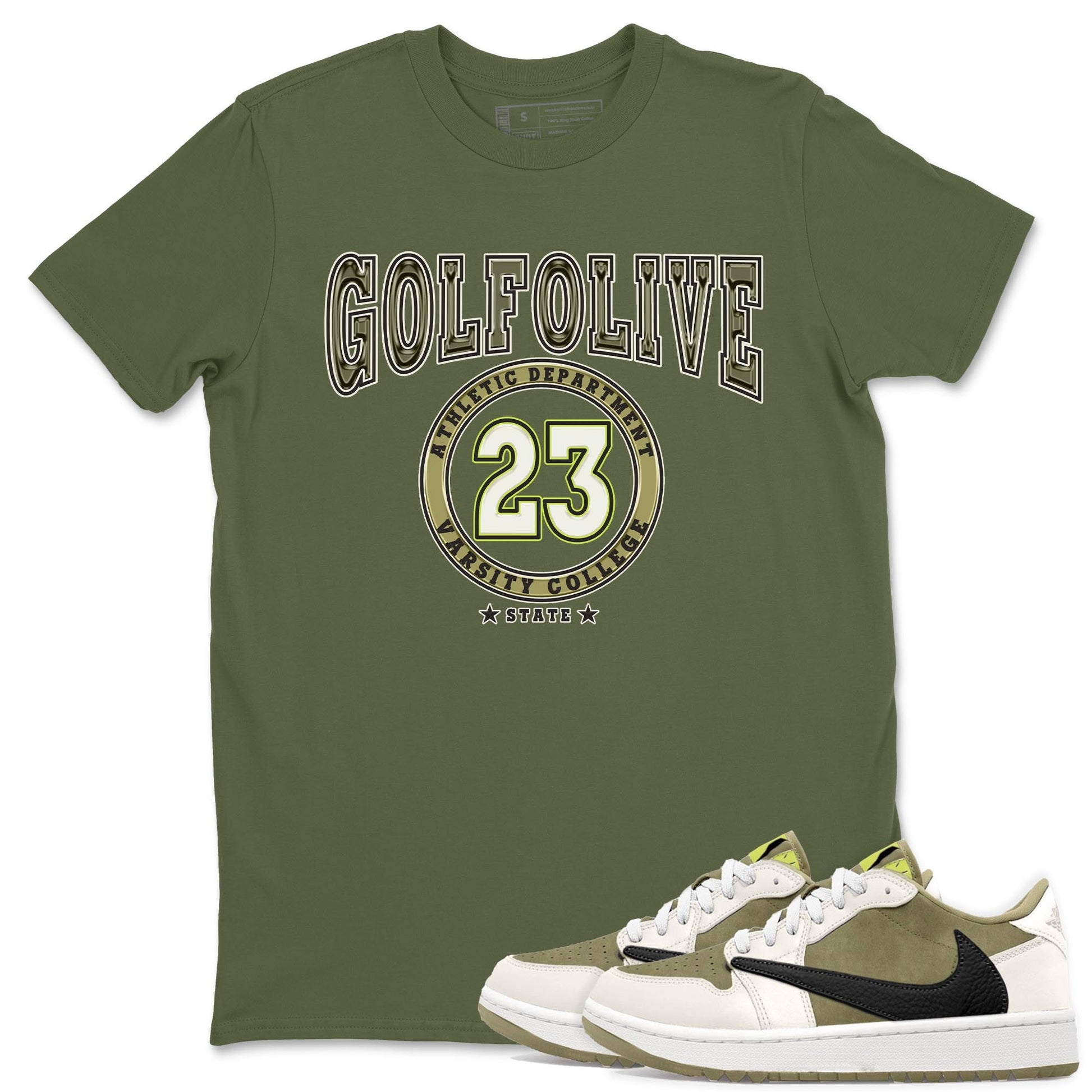 Jordan 1 Low X Travis Scott Golf Olive shirt to match jordans Varsity sneaker release tees Air Jordan 1 Travis Scott Golf Olive SNRT Sneaker Tees Unisex Streetwear Clothing Military Green 1 T-Shirt