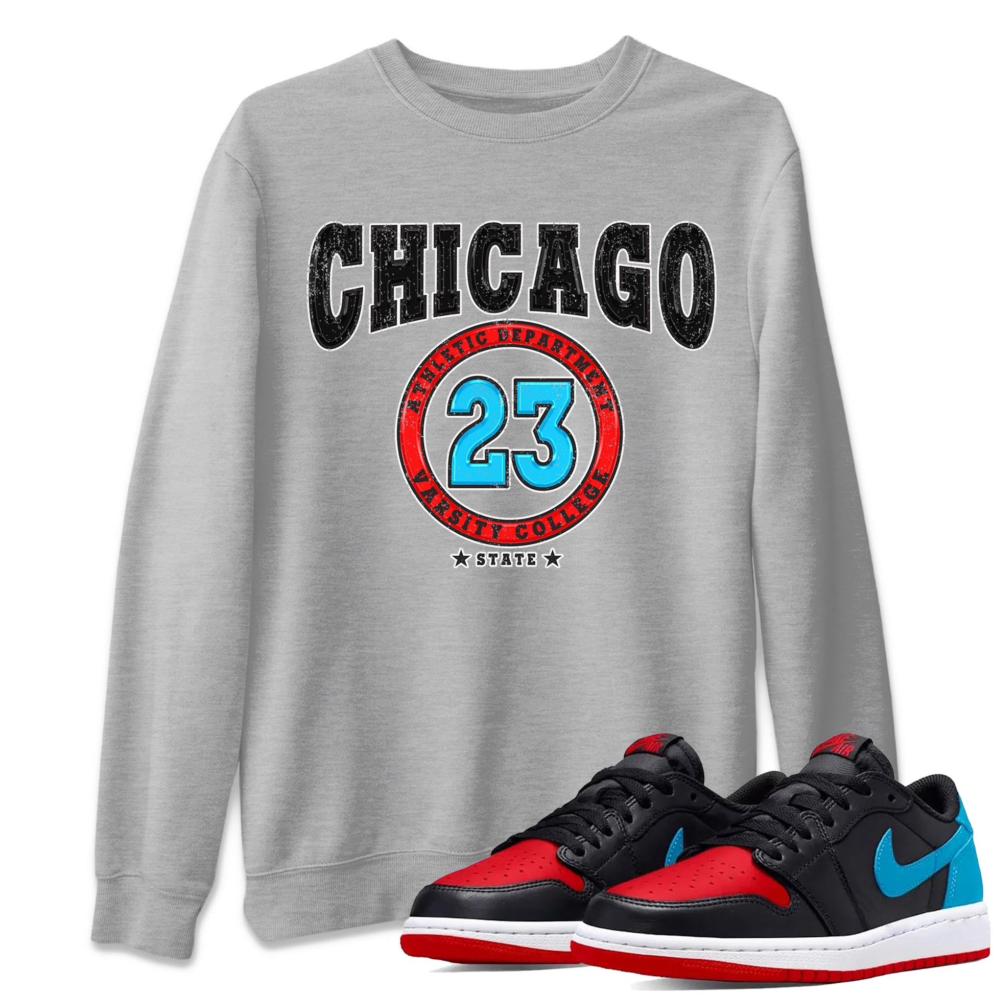 Air Jordan 1 Low UNC to Chicago shirt to match jordans Varsity sneaker tees Air Jordan 1 UNC to Chicago SNRT Sneaker Release Tees Unisex Heather Grey 1 T-Shirt