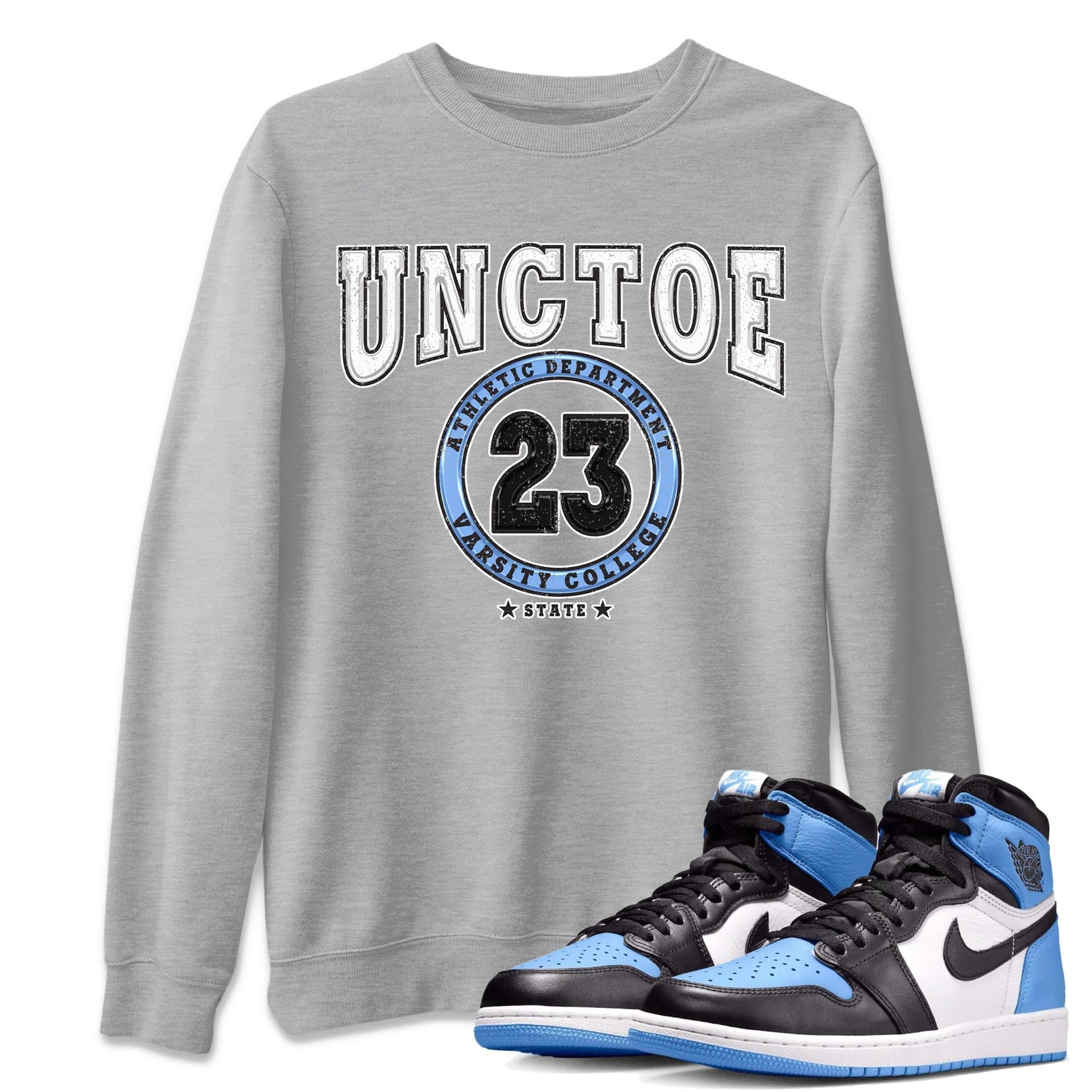 Air Jordan 1 Retro High OG University Blue shirt to match jordans Varsity sneaker tees Air Jordan 1 UNC Toe SNRT Sneaker Release Tees Unisex Heather Grey 1 T-Shirt
