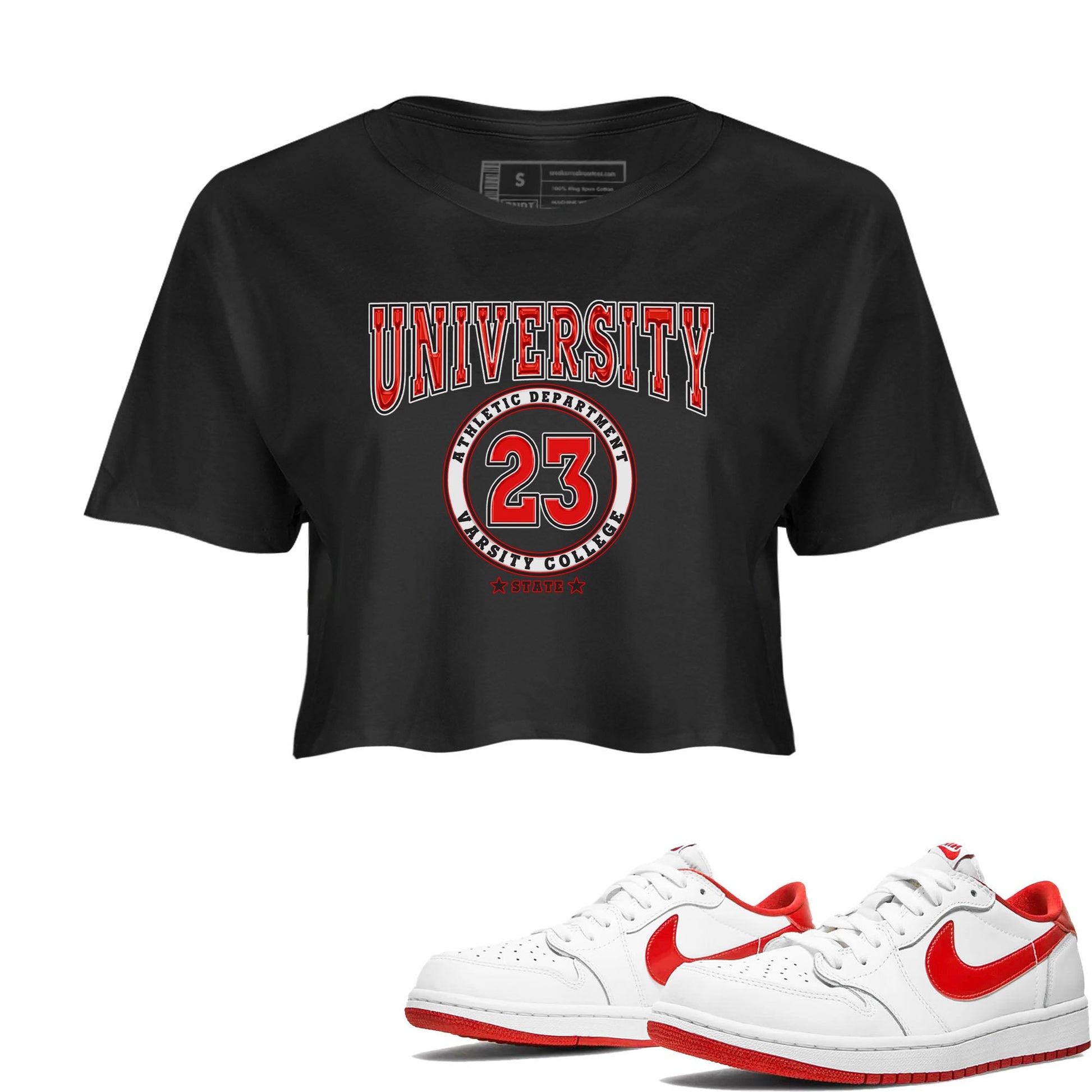 1s Low University Red shirt to match jordans Varsity sneaker tees Air Jordan 1 University Red SNRT Sneaker Tees Sneaker Matching Clothing Brand Black 1 Crop T-Shirt