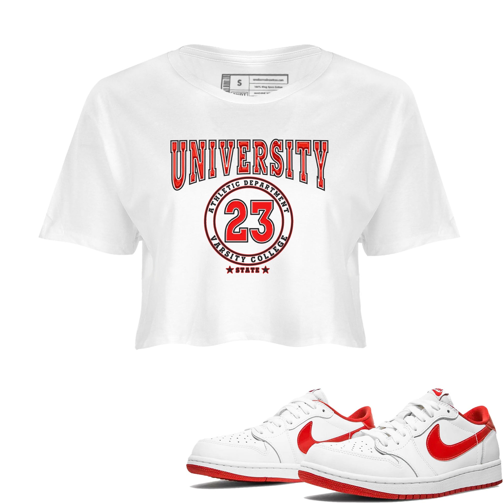 1s Low University Red shirt to match jordans Varsity sneaker tees Air Jordan 1 University Red SNRT Sneaker Tees Sneaker Matching Clothing Brand White 1 Crop T-Shirt