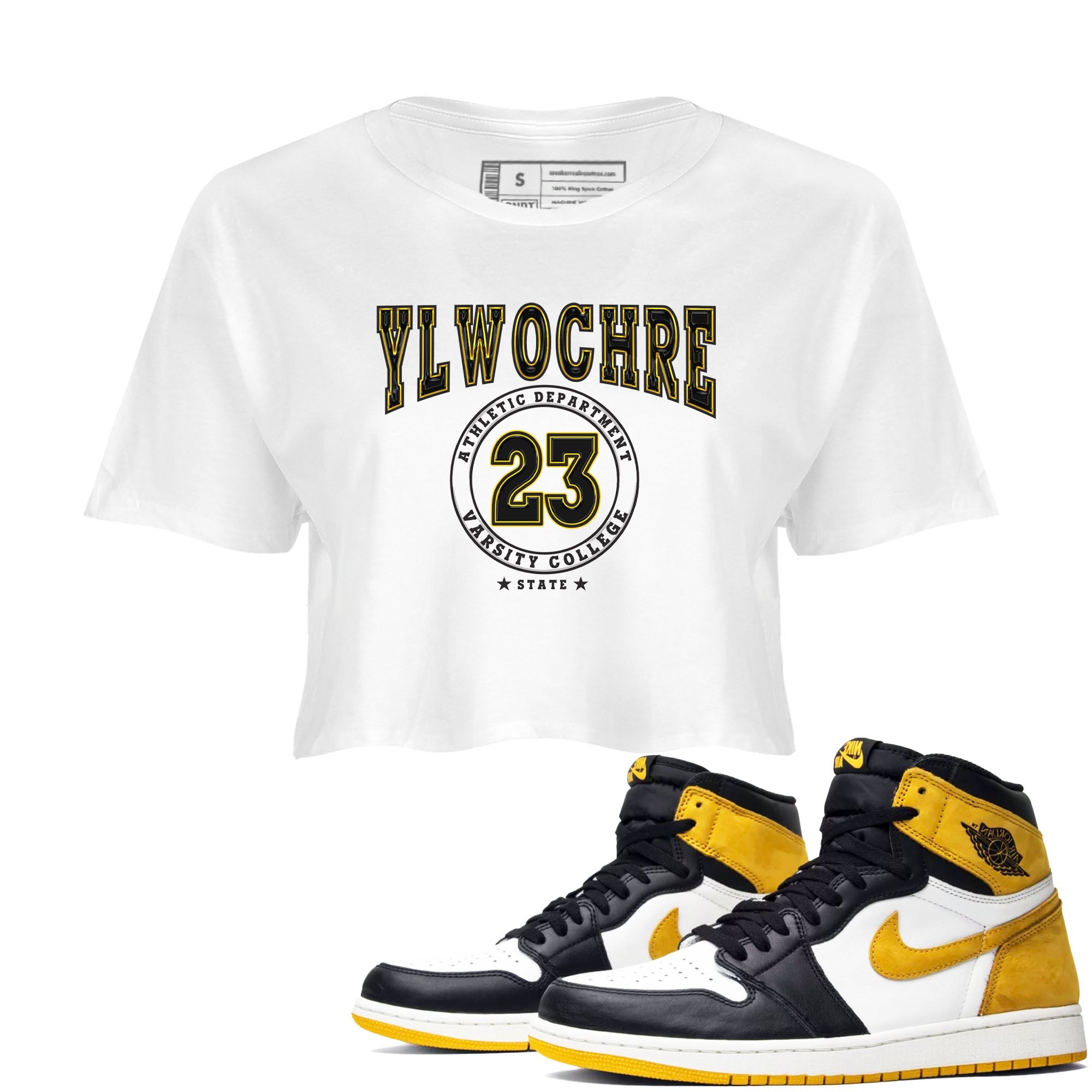 1s Yellow Ochre shirt to match jordans Varsity sneaker tees Air Jordan 1 High OG Yellow Ochre SNRT Sneaker Release Tees White 1 crop length shirt