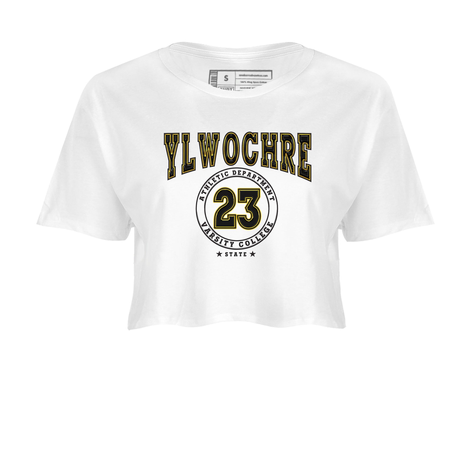 1s Yellow Ochre shirt to match jordans Varsity sneaker tees Air Jordan 1 High OG Yellow Ochre SNRT Sneaker Release Tees White 2 crop length shirt