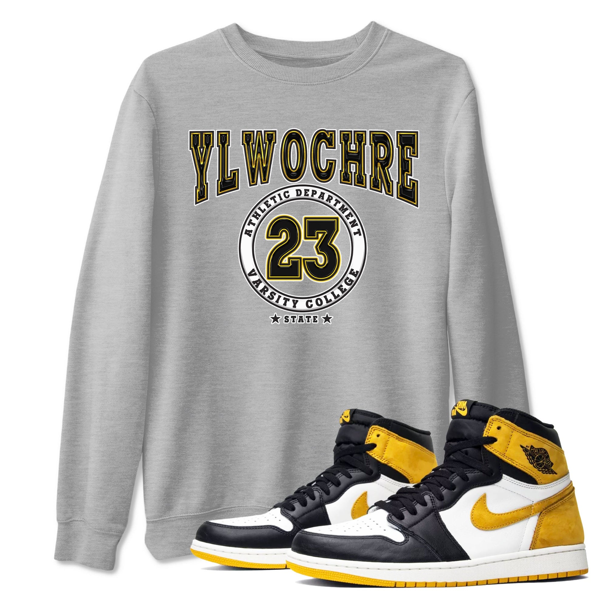 1s Yellow Ochre shirt to match jordans Varsity sneaker tees Air Jordan 1 High OG Yellow Ochre SNRT Sneaker Release Tees unisex cotton Heather Grey 1 crew neck shirt