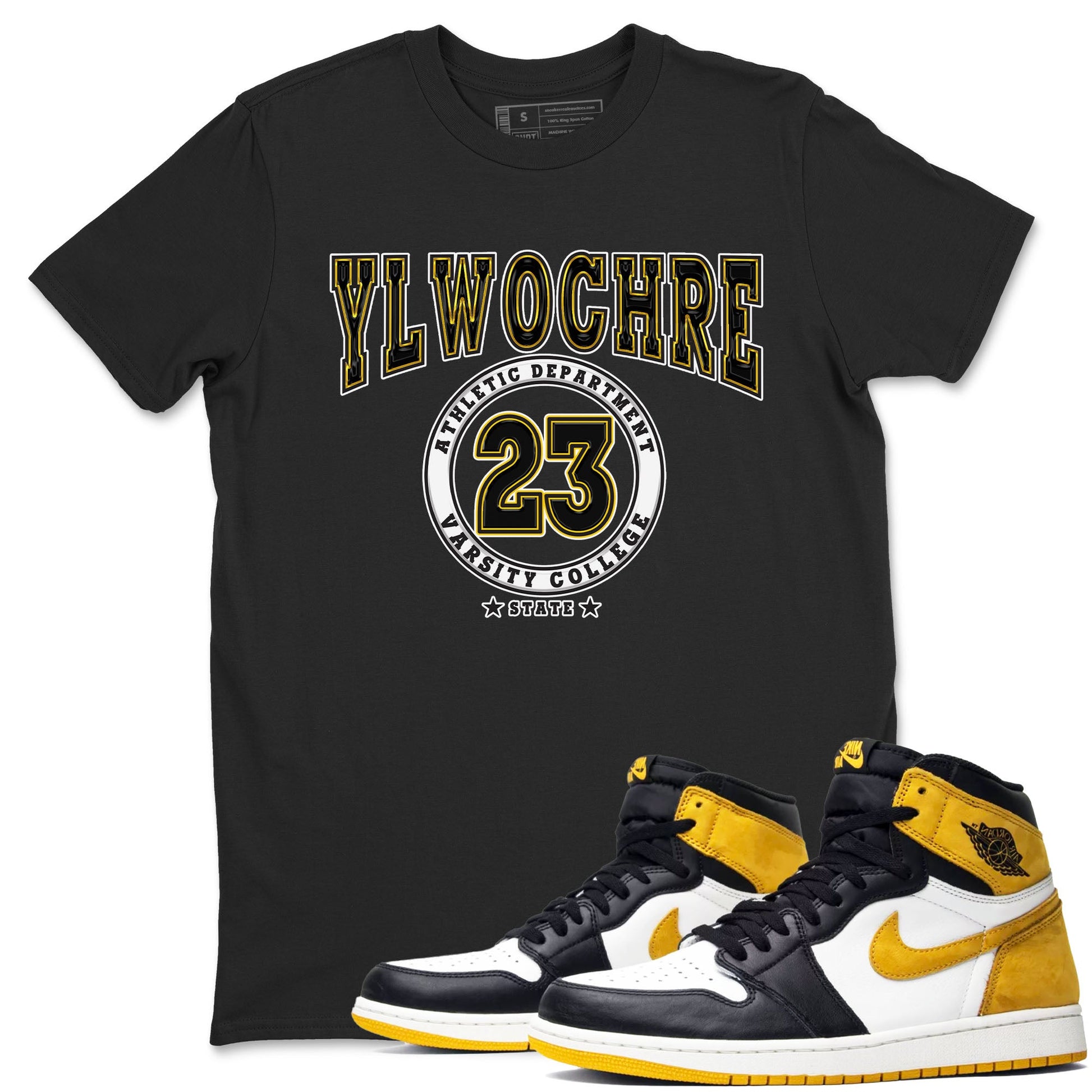 1s Yellow Ochre shirt to match jordans Varsity sneaker tees Air Jordan 1 High OG Yellow Ochre SNRT Sneaker Release Tees unisex cotton Black 1 crew neck shirt