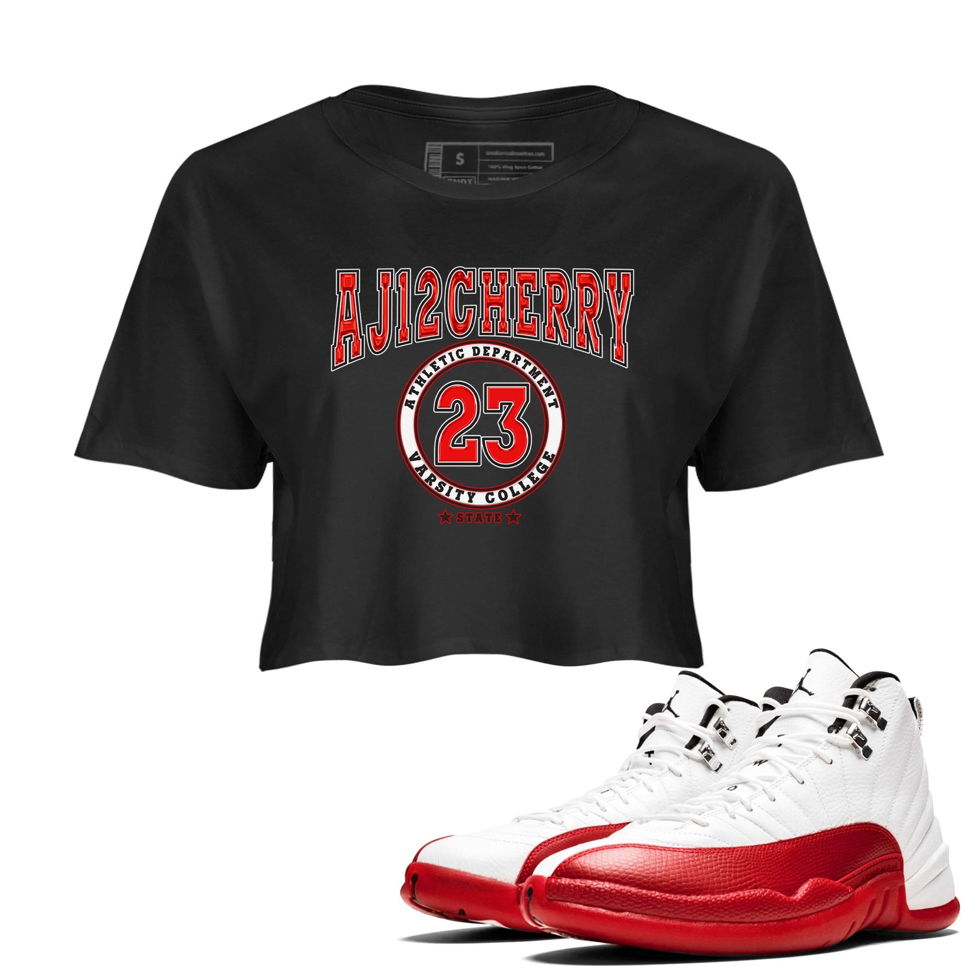 Jordan 12 Retro Cherry shirt to match jordans Varsity Red Varsity special sneaker matching tees 12s Cherry SNRT sneaker tees Black 1 Crop T-Shirt