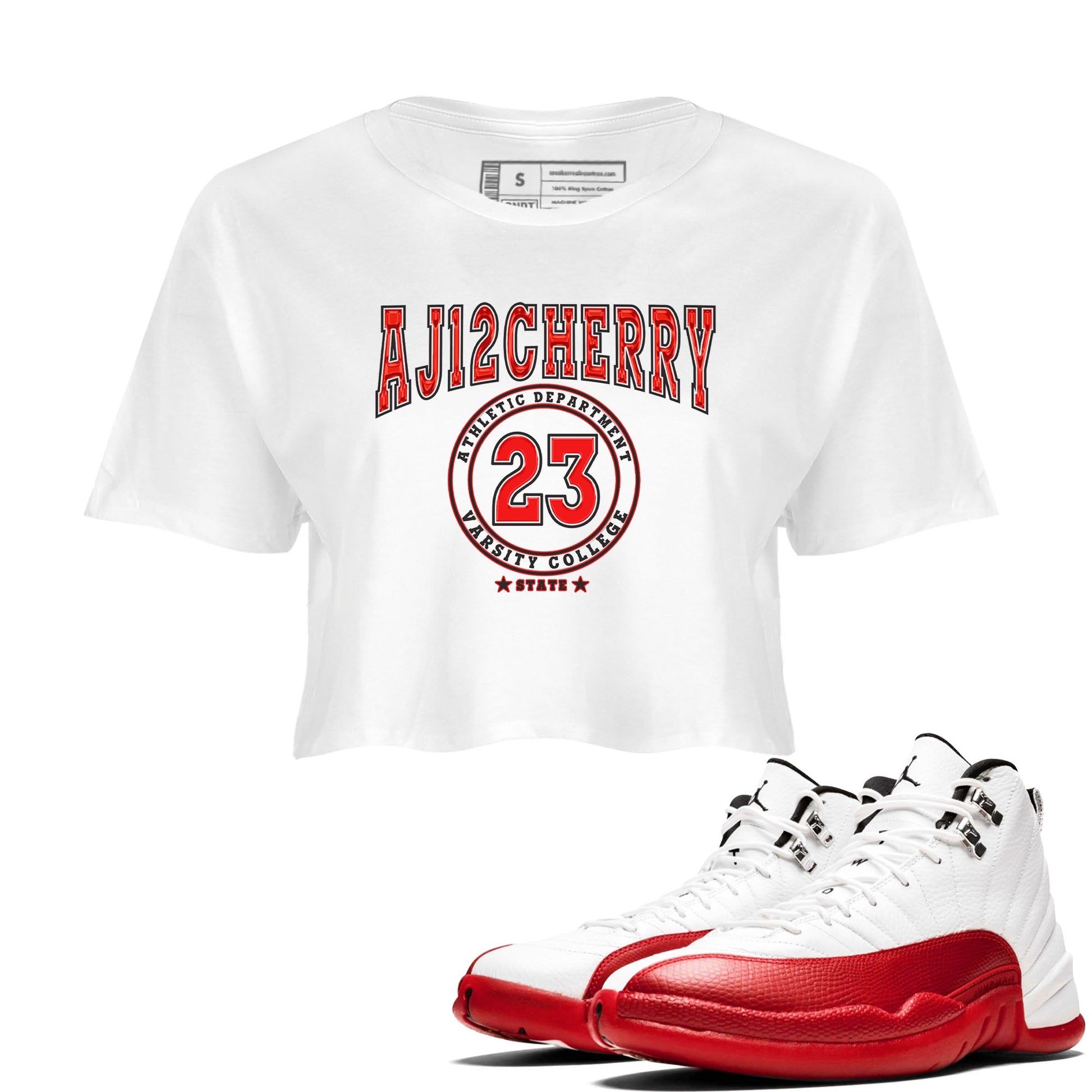 Jordan 12 Retro Cherry shirt to match jordans Varsity Red Varsity special sneaker matching tees 12s Cherry SNRT sneaker tees White 1 Crop T-Shirt