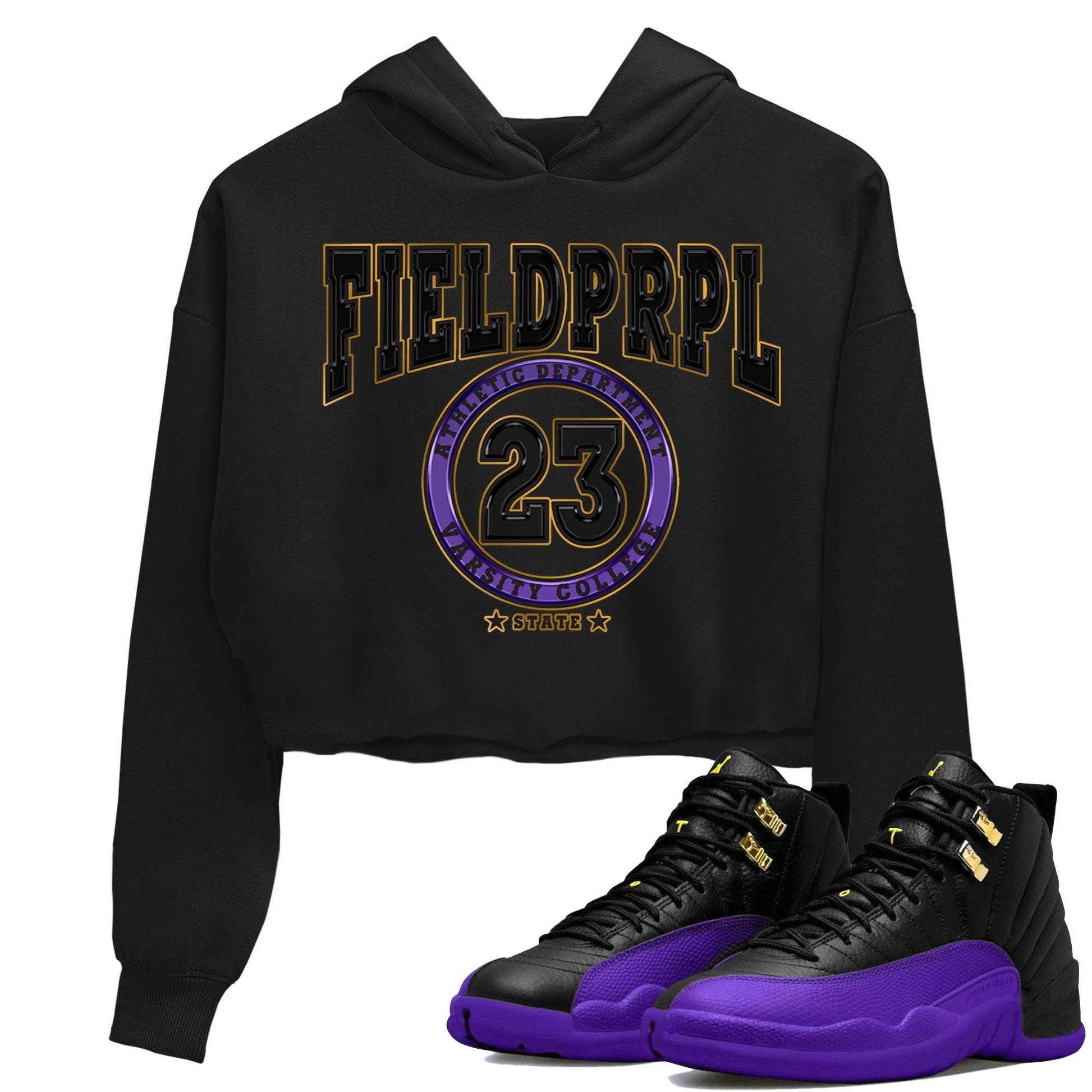 12s Field Purple shirt to match jordans Varsity sneaker tees Air Jordan 12 Field Purple SNRT Sneaker Release Tees Black 1 Crop T-Shirt