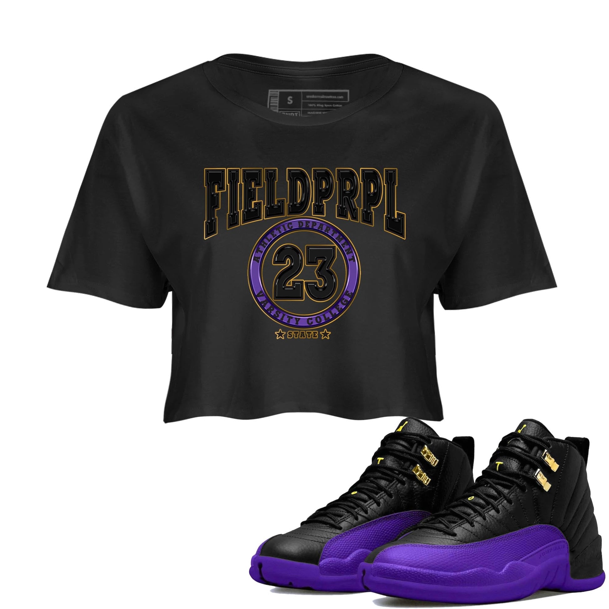 12s Field Purple shirt to match jordans Varsity sneaker tees Air Jordan 12 Field Purple SNRT Sneaker Release Tees Black 1 Crop T-Shirt
