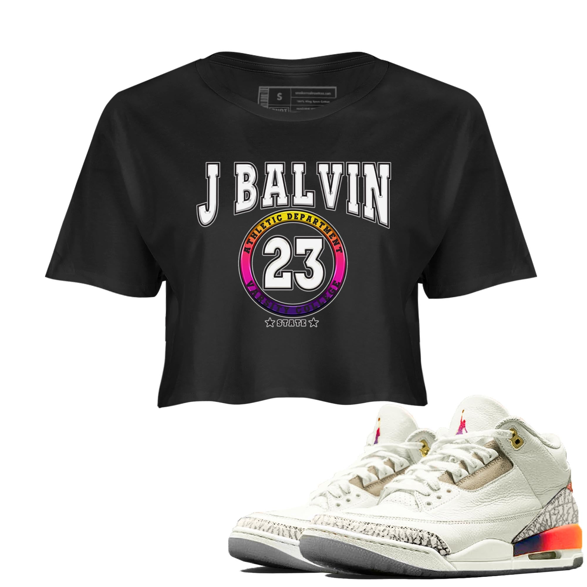 Air Jordan 3 J Balvin shirt to match jordans Varsity sneaker tees Crew Neck Air Jordan 3 X J Balvin SNRT Sneaker Release Tees Black 1 Crop T-Shirt