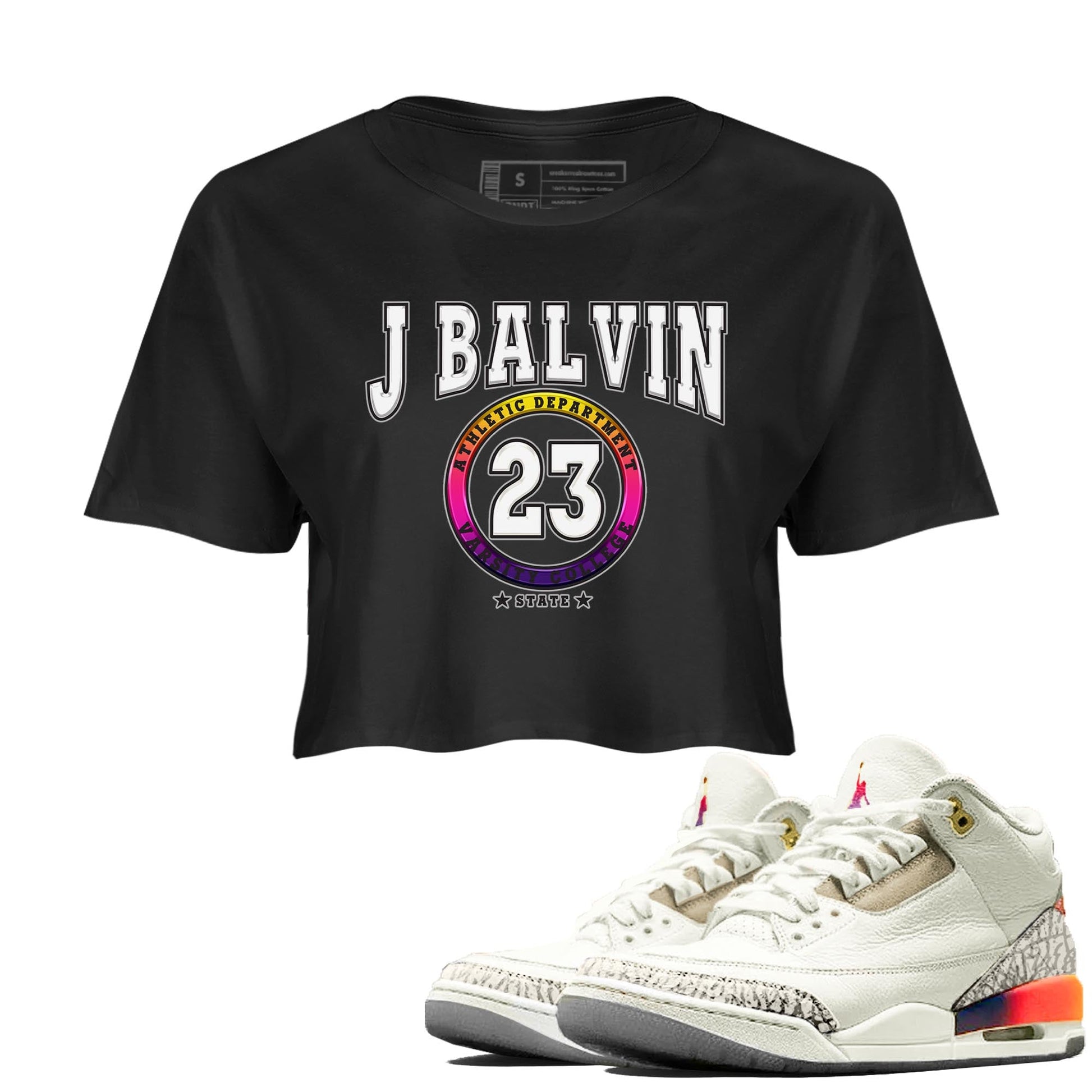 Air Jordan 3 J Balvin shirt to match jordans Varsity sneaker tees Crew Neck Air Jordan 3 X J Balvin SNRT Sneaker Release Tees Black 1 Crop T-Shirt